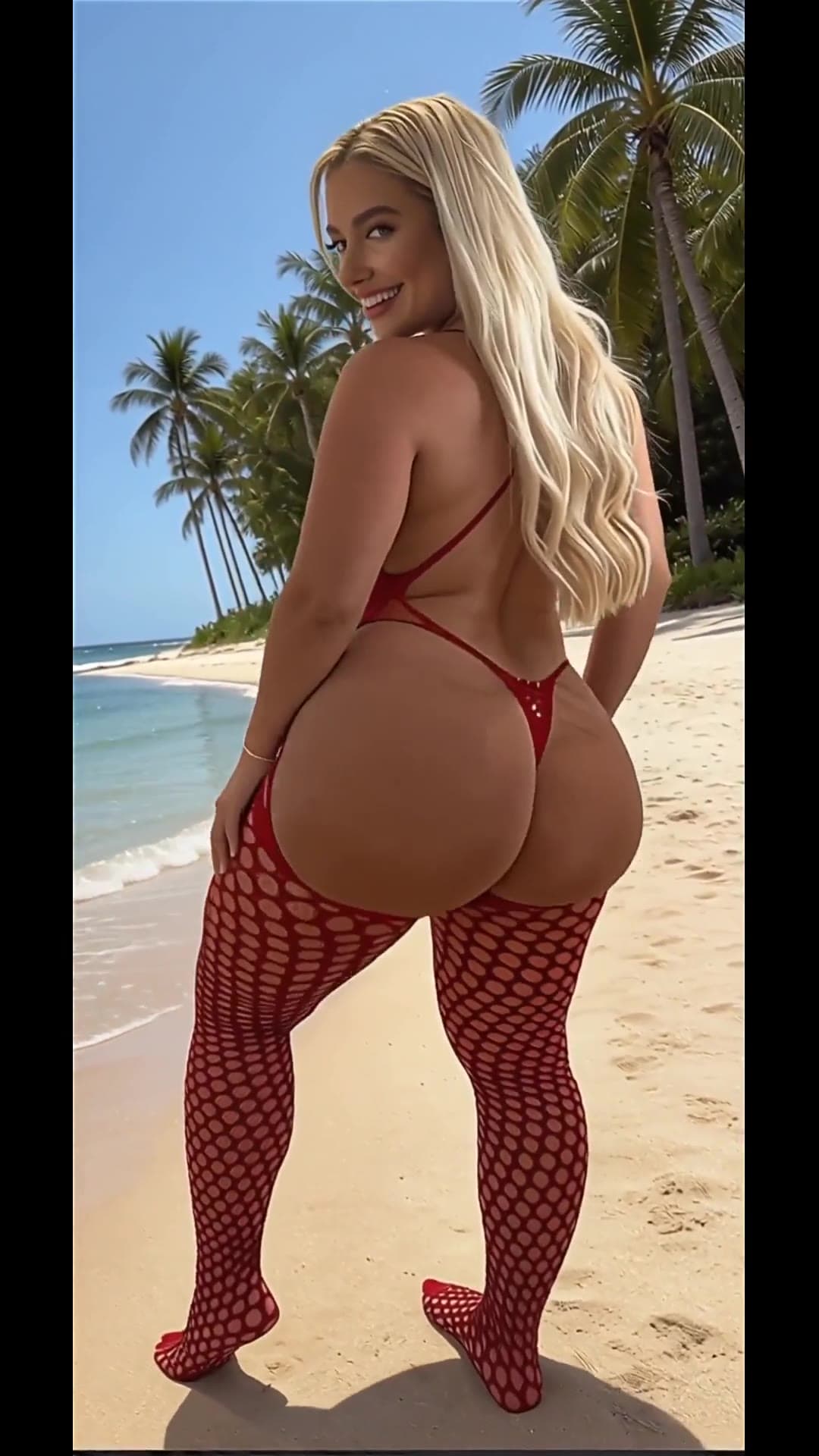 Curvy Latina beach babe in red micro bikini from behind