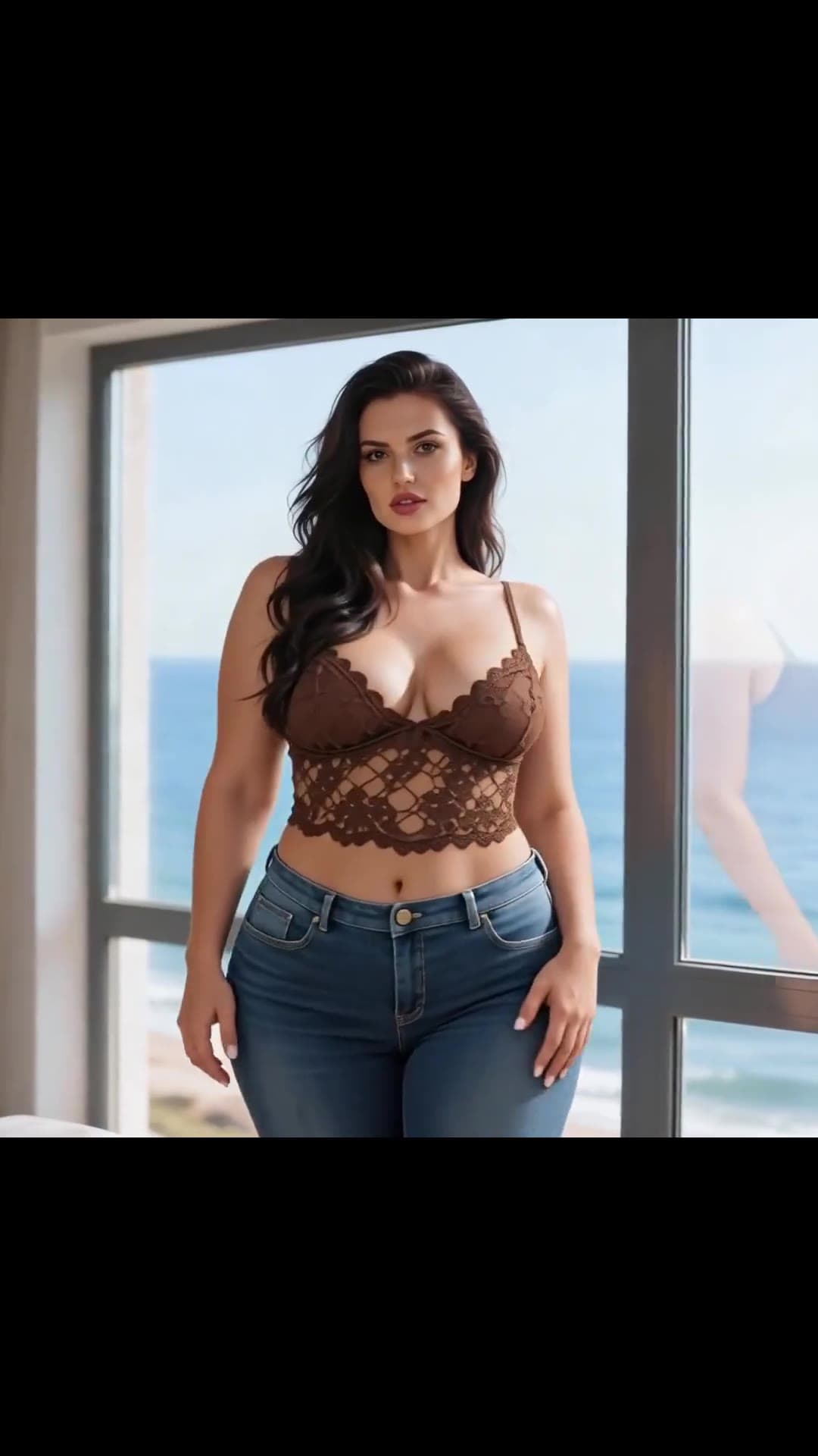 Young adult curvy brunette cleavage in lace bralette jeans