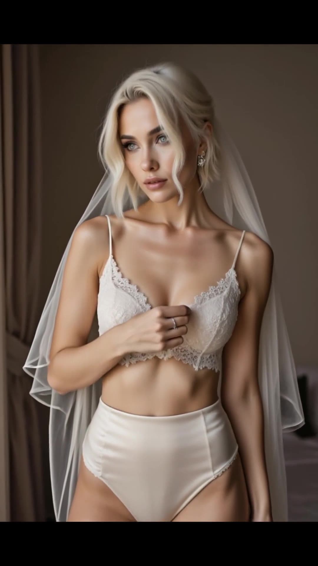 Slim blonde in sheer veil and lace bralette front view