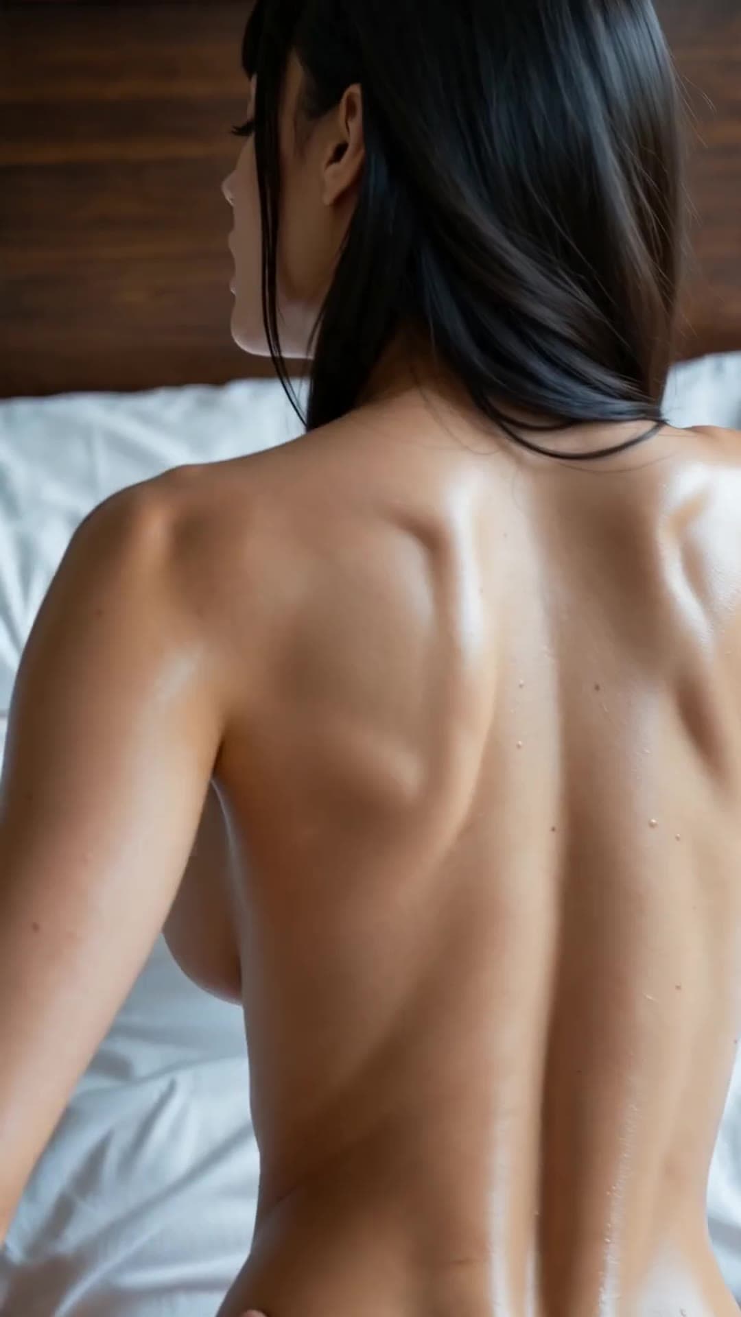 Curvy blonde topless from behind on bed