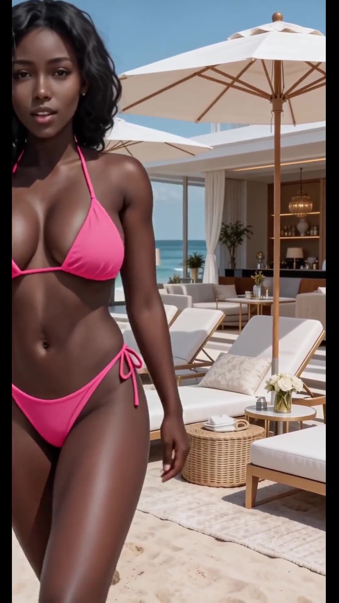 Low angle beach pose in bright pink bikini
