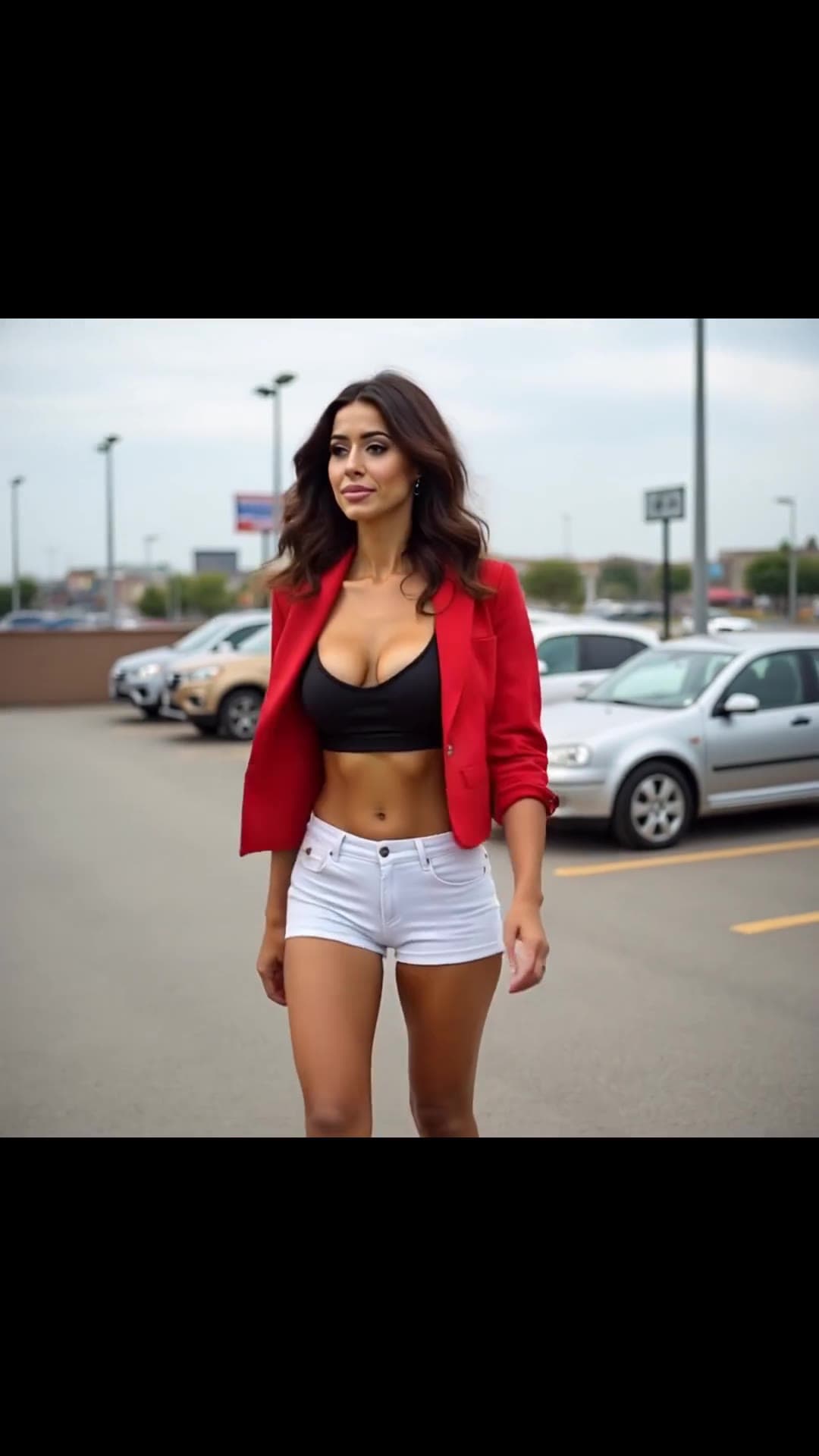 Curvy raven latina in open blazer parking lot