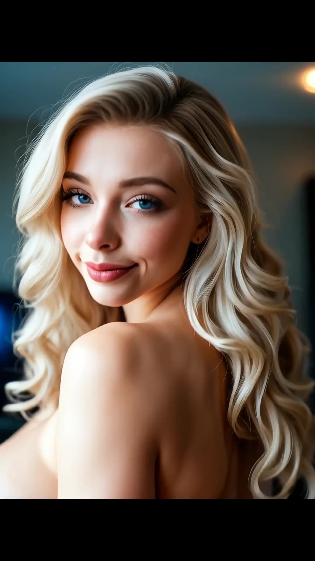 Curvy raven haired babe topless close up over shoulder