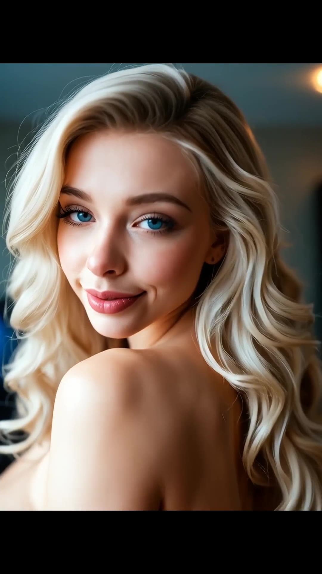 Curvy blonde topless bare back close-up portrait