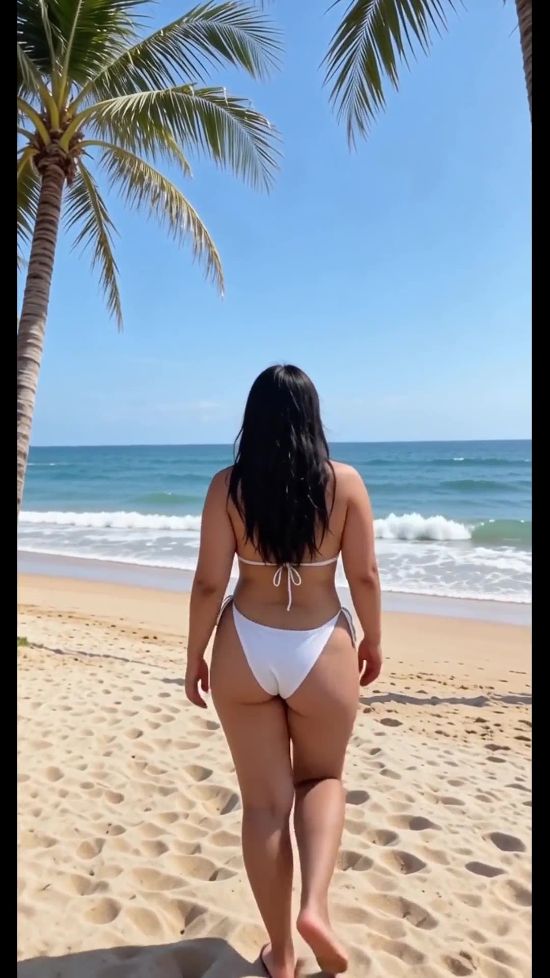 Curvy brunette walking away in white bikini on beach