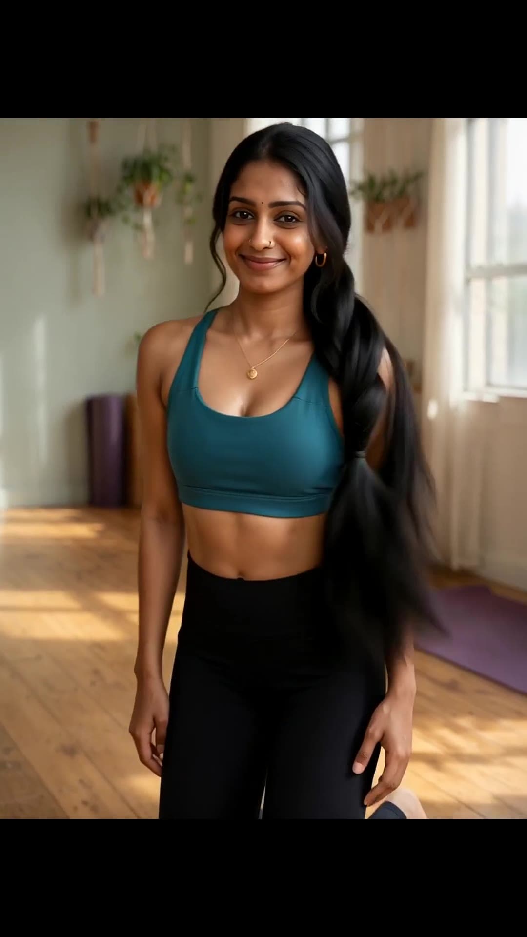 Brunette latina brown eyes in teal sports bra studio pose