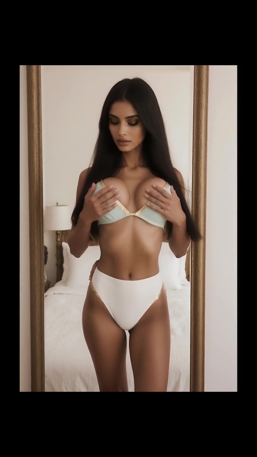 Curvy brunette cups big natural tits in mirror