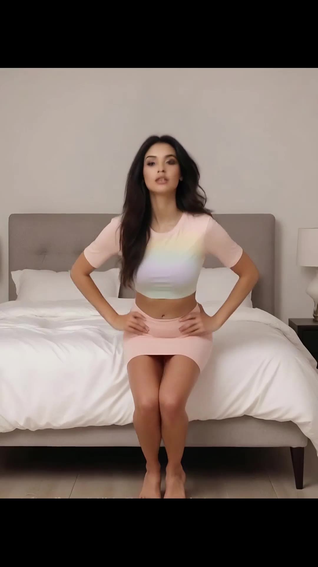 Curvy raven model on bed edge in rainbow crop top