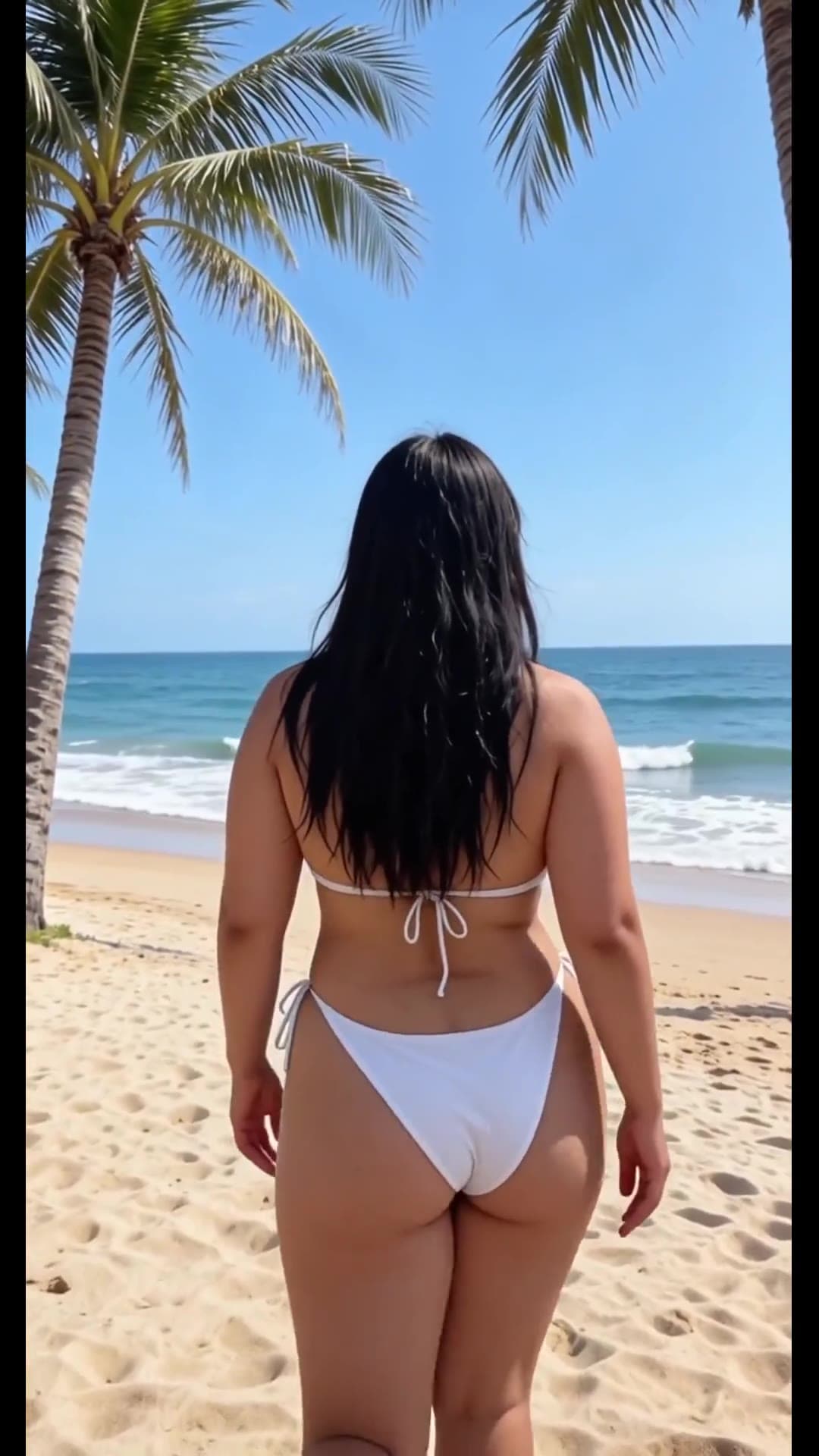 Beach babe in white bikini shows round ass