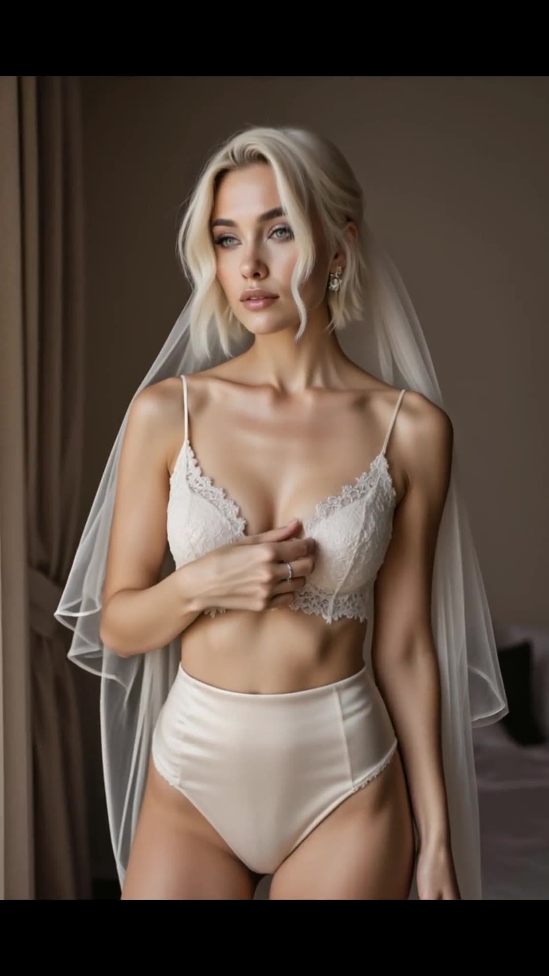 Blue eyed blonde in sheer veil and lace bra