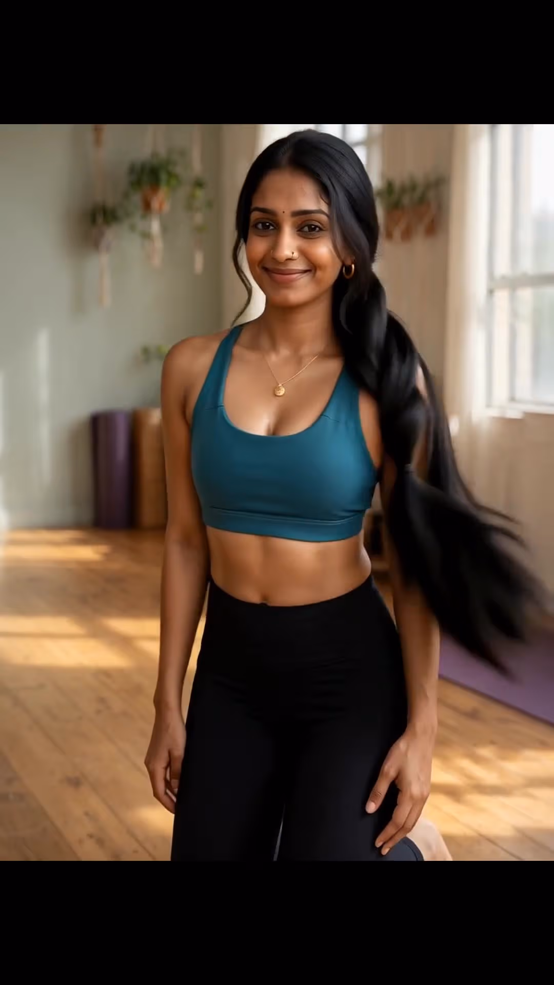 Young adult blonde yoga pose in teal sports bra