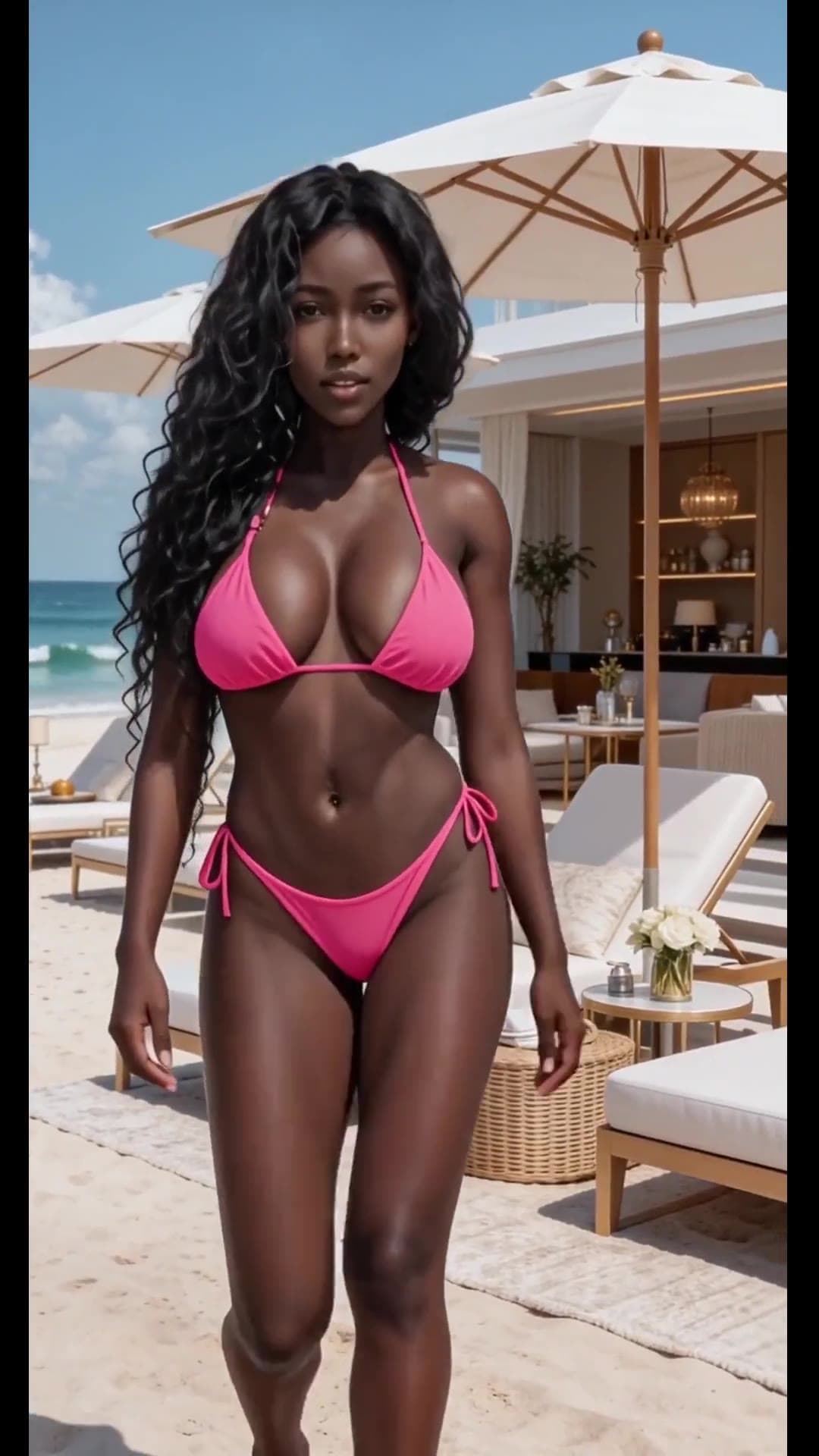 Young adult curvy model in pink bikini on beach patio