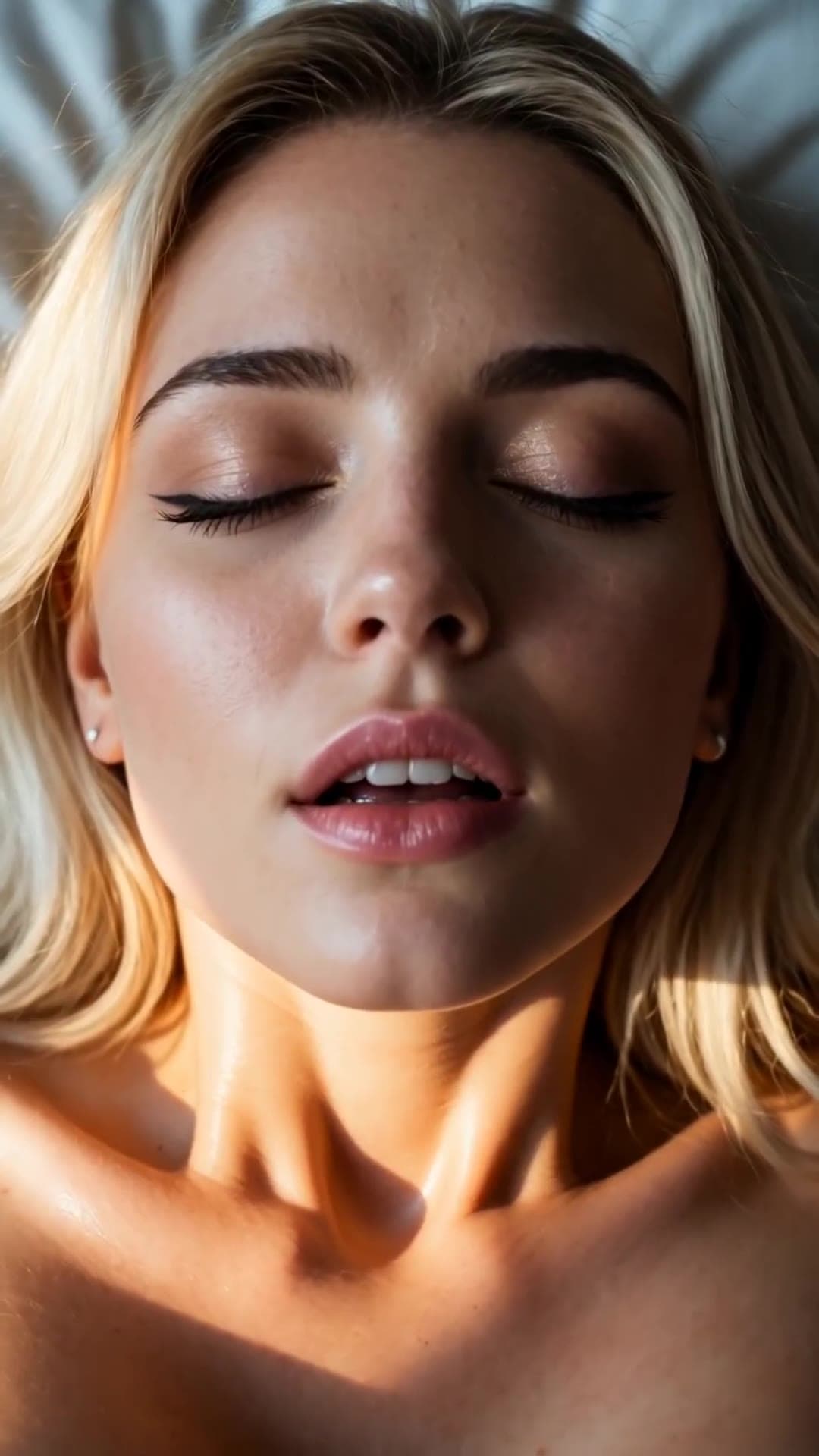 Brunette with brown eyes moaning softly on bed