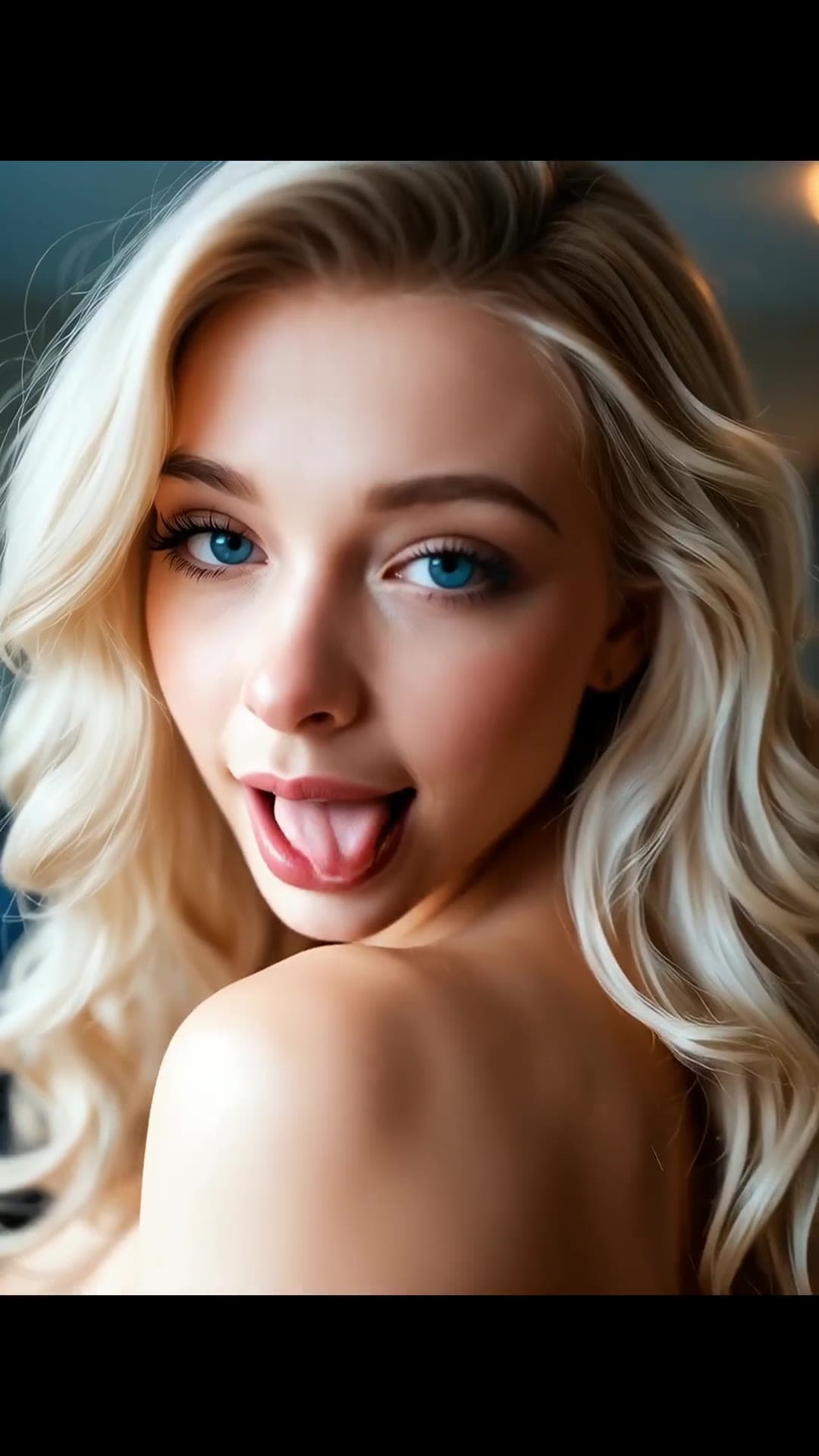 Young adult blonde topless playful tongue out closeup