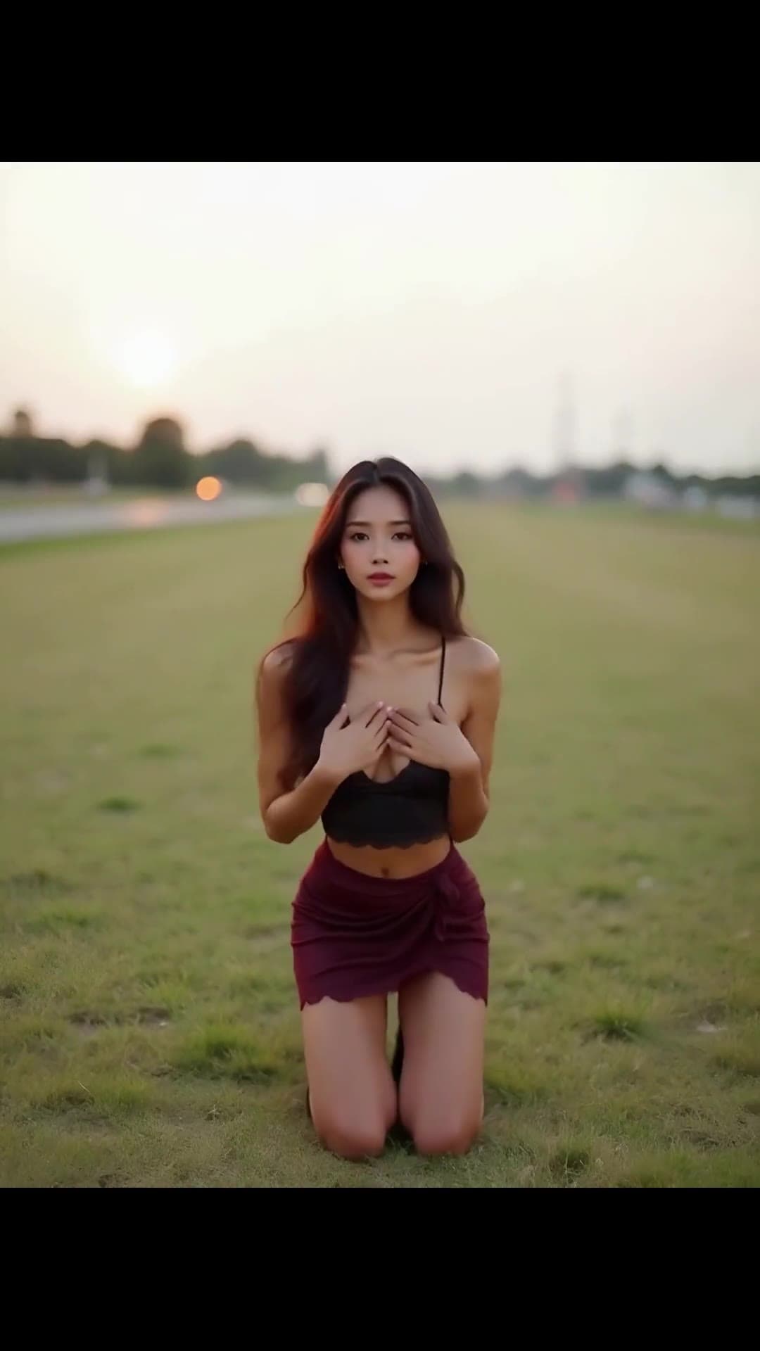 Blonde in lace crop top outdoors at sunset