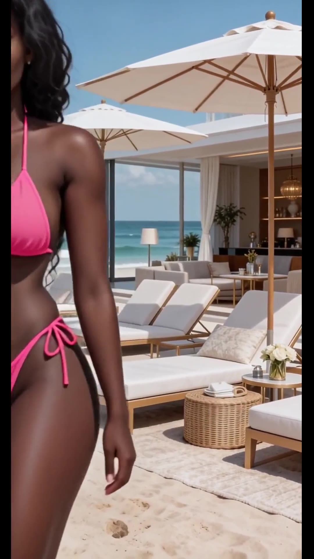 Platinum blonde green eyes curvy bikini on sand