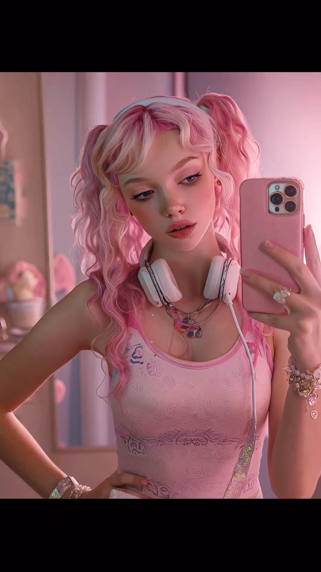 Slim petite body in pink tank top selfie
