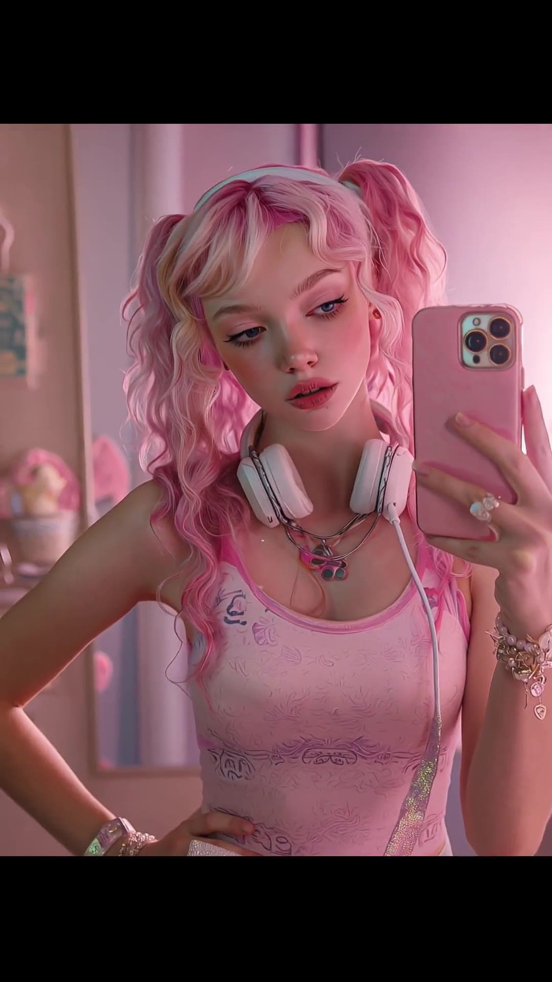 Slim petite body in pink tank top selfie