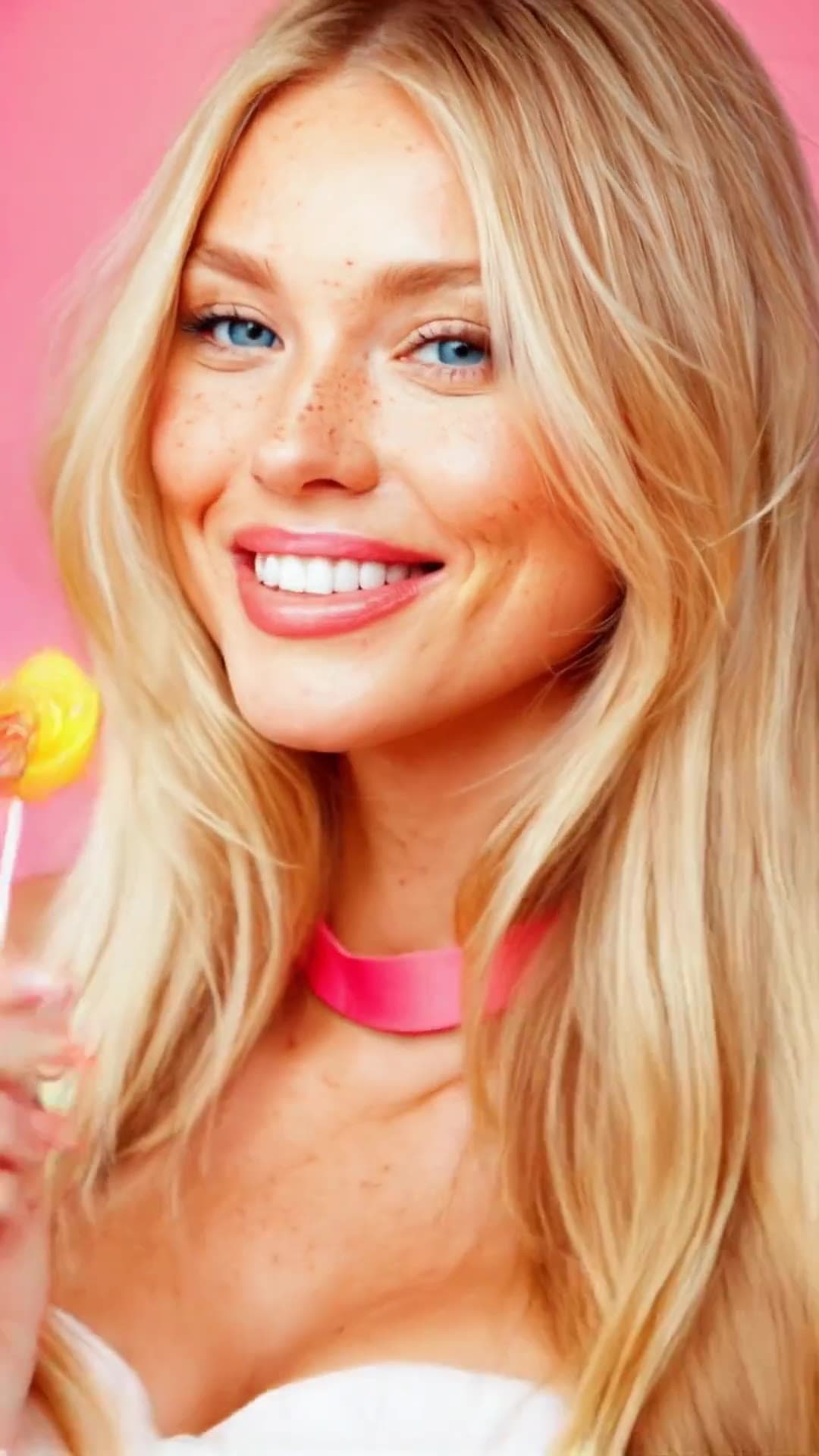 Long wavy blonde with blue eyes and pink choker selfie