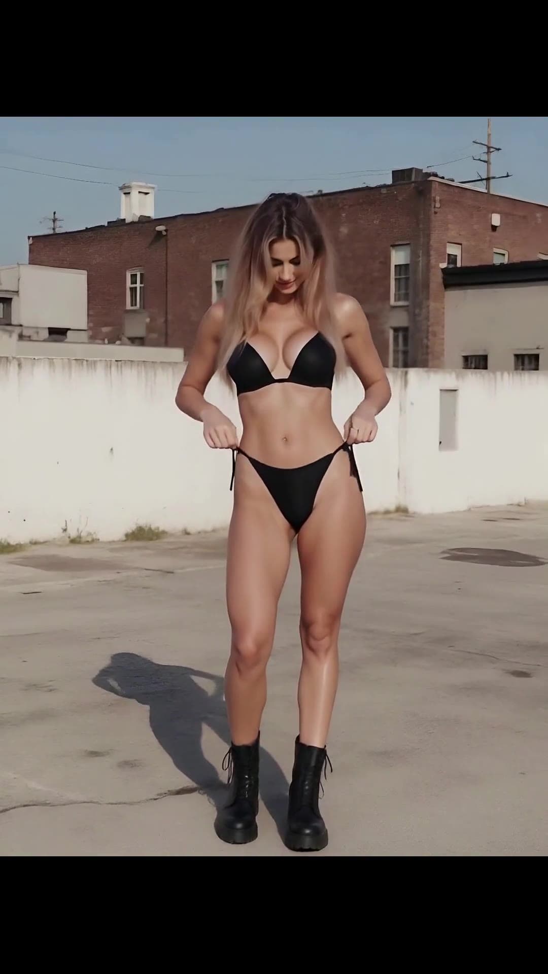 Young adult latina in black bikini on rooftop