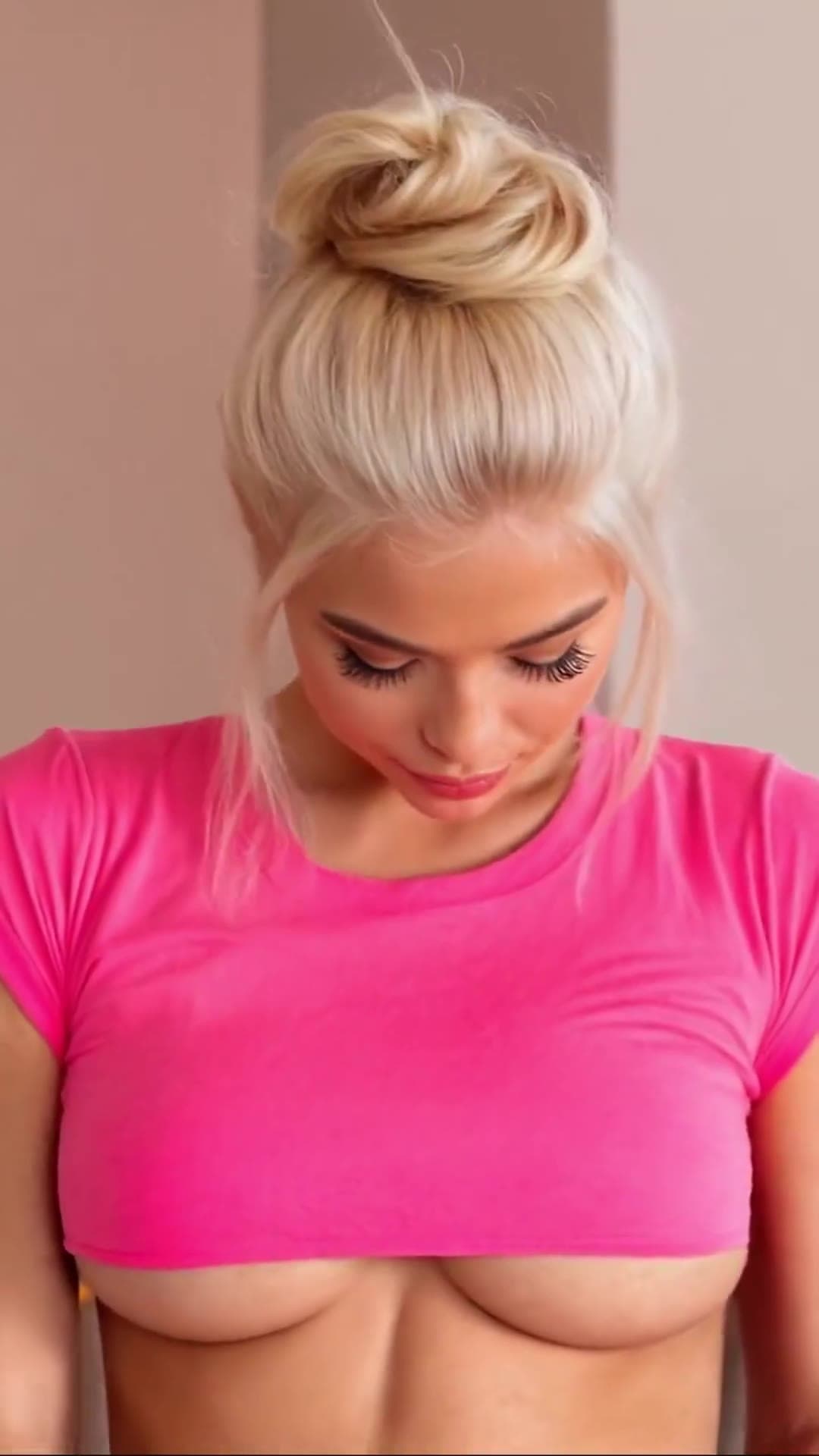 Brunette beauty in pink crop top shows deep cleavage