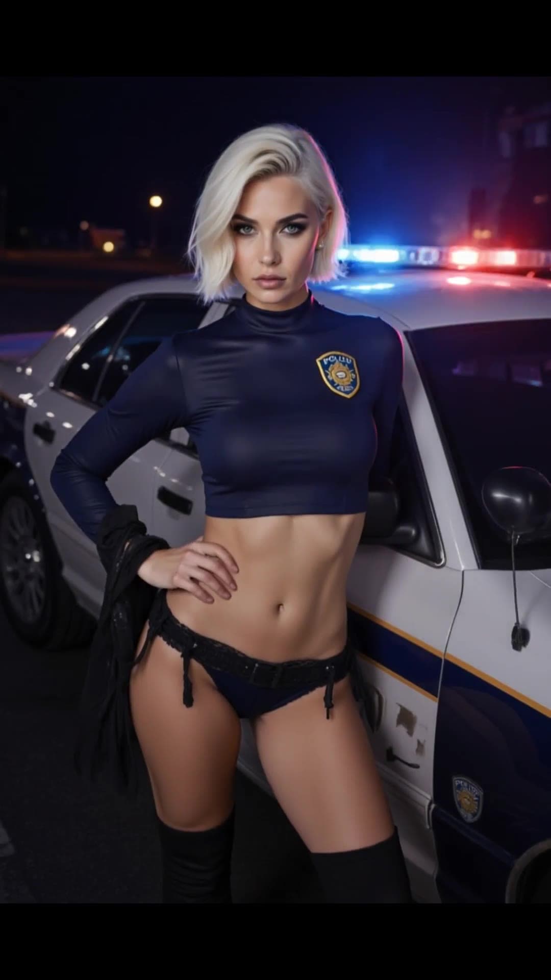 Platinum blonde cop costume outside police car