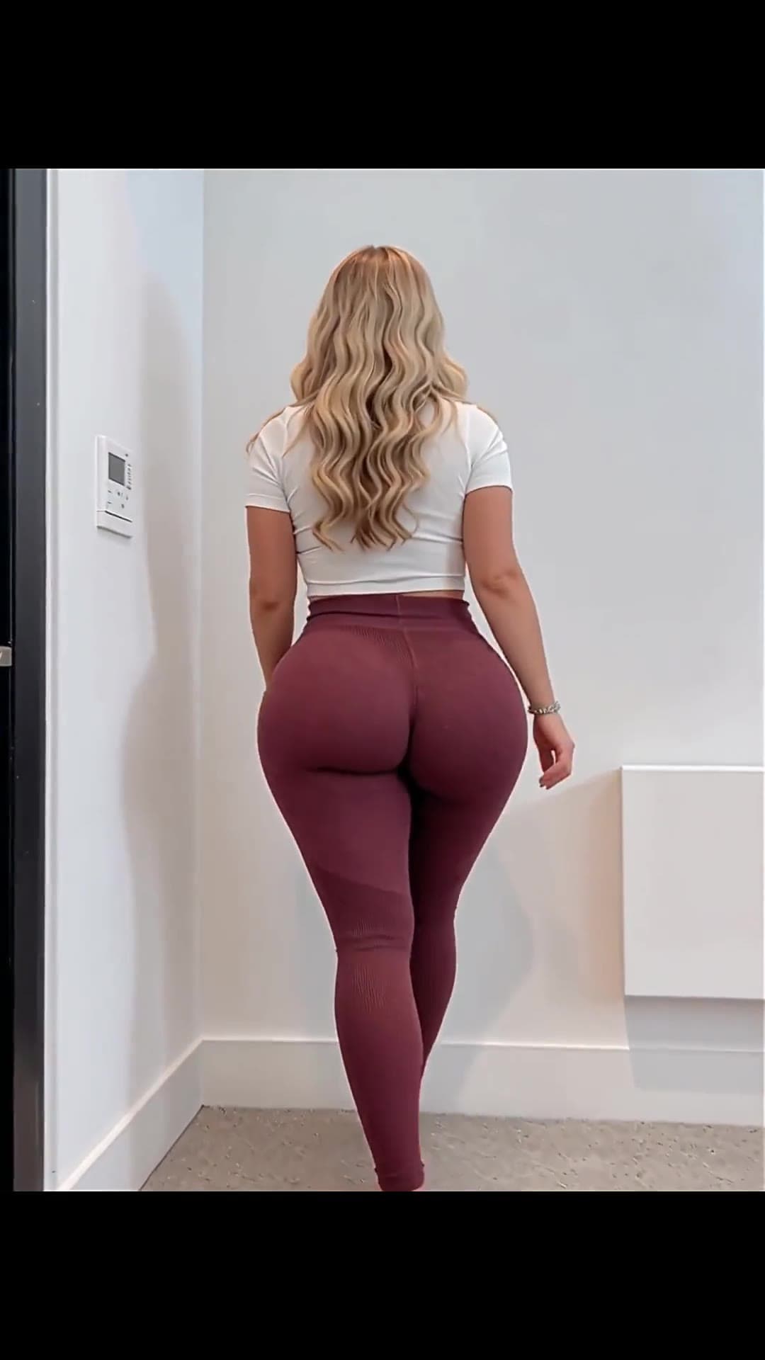 Young adult blonde in tight leggings ass focus
