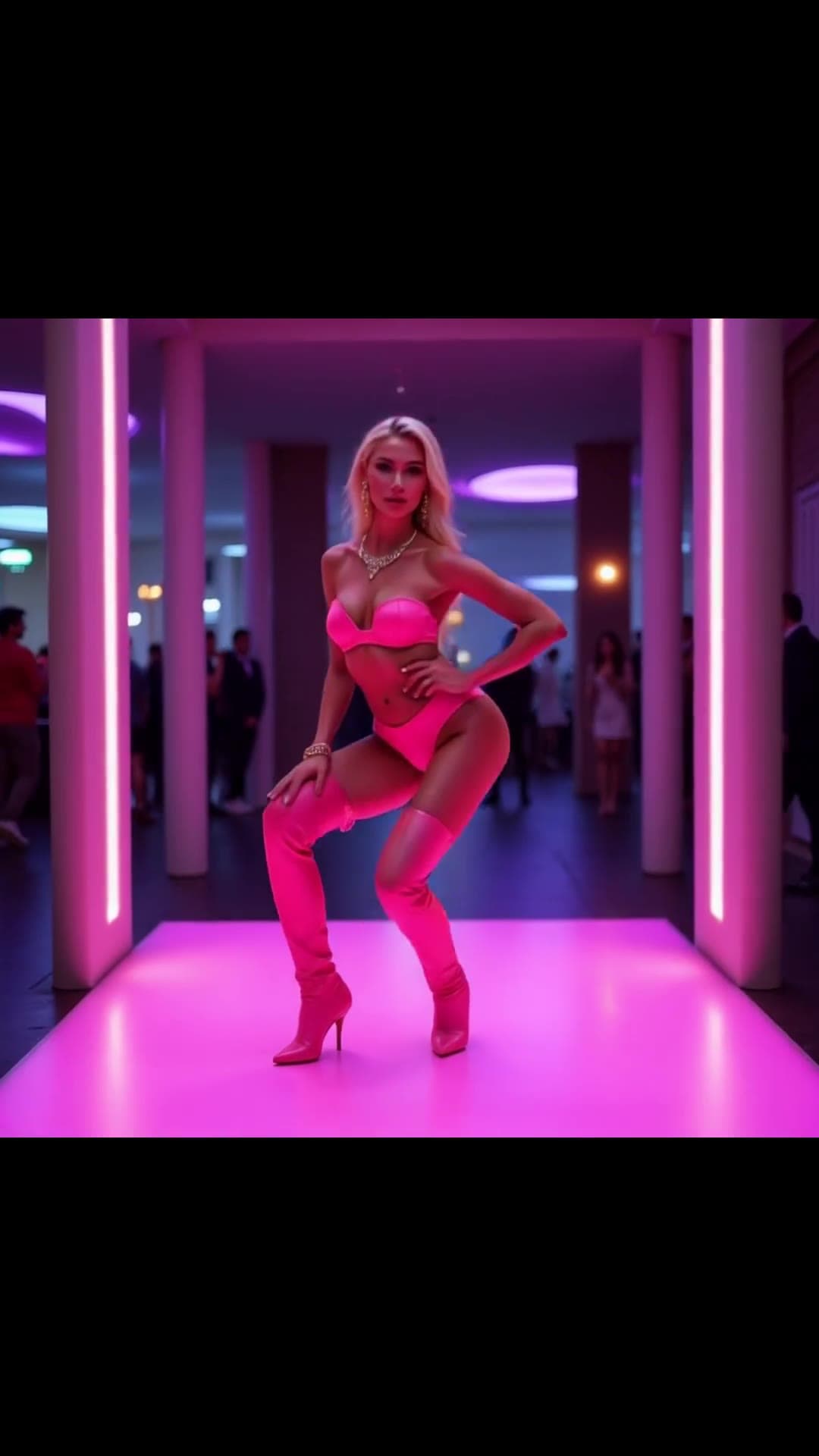 Curvy blonde in hot pink lingerie on pink runway