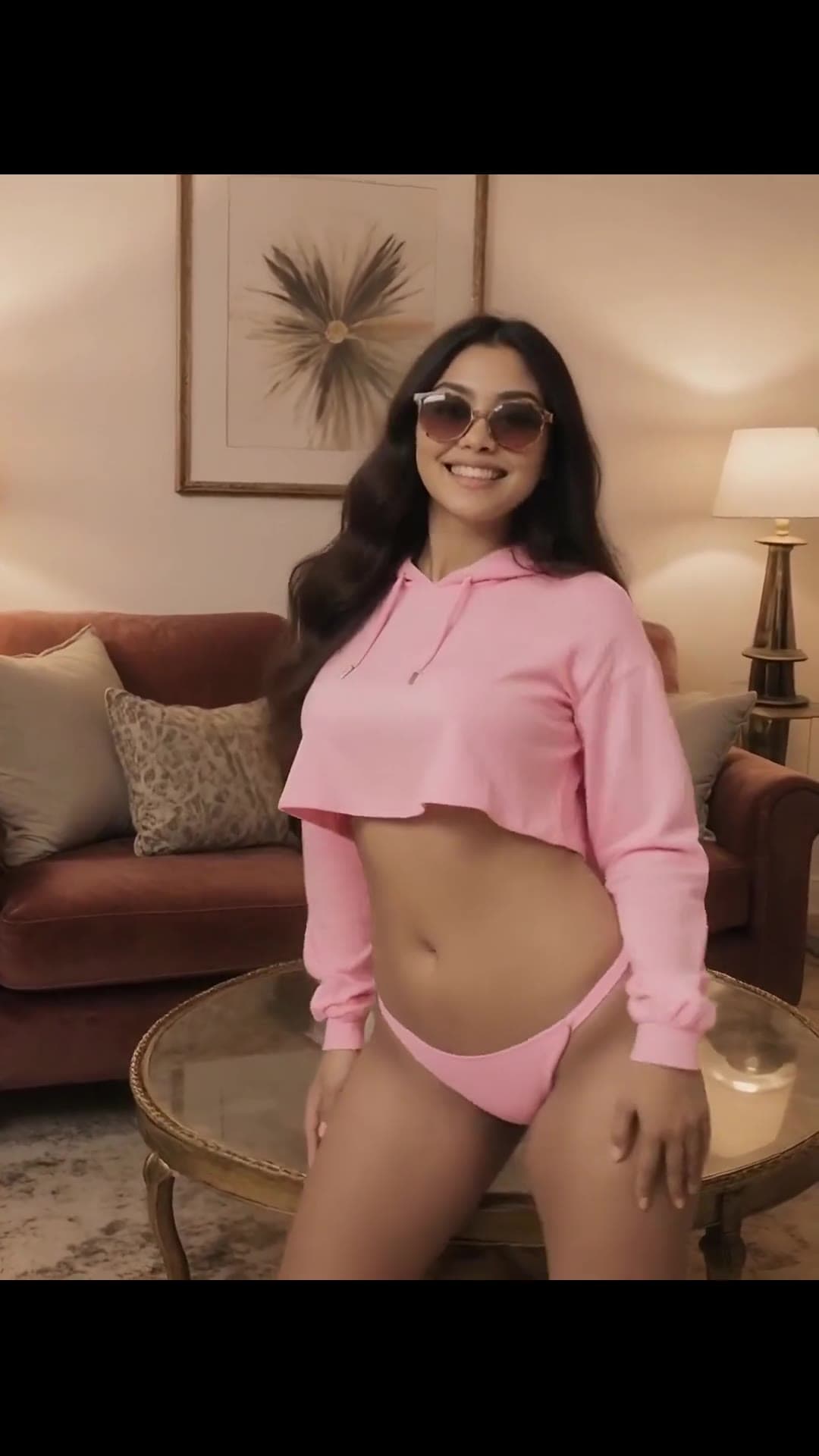Young adult brunette in pink bikini at home