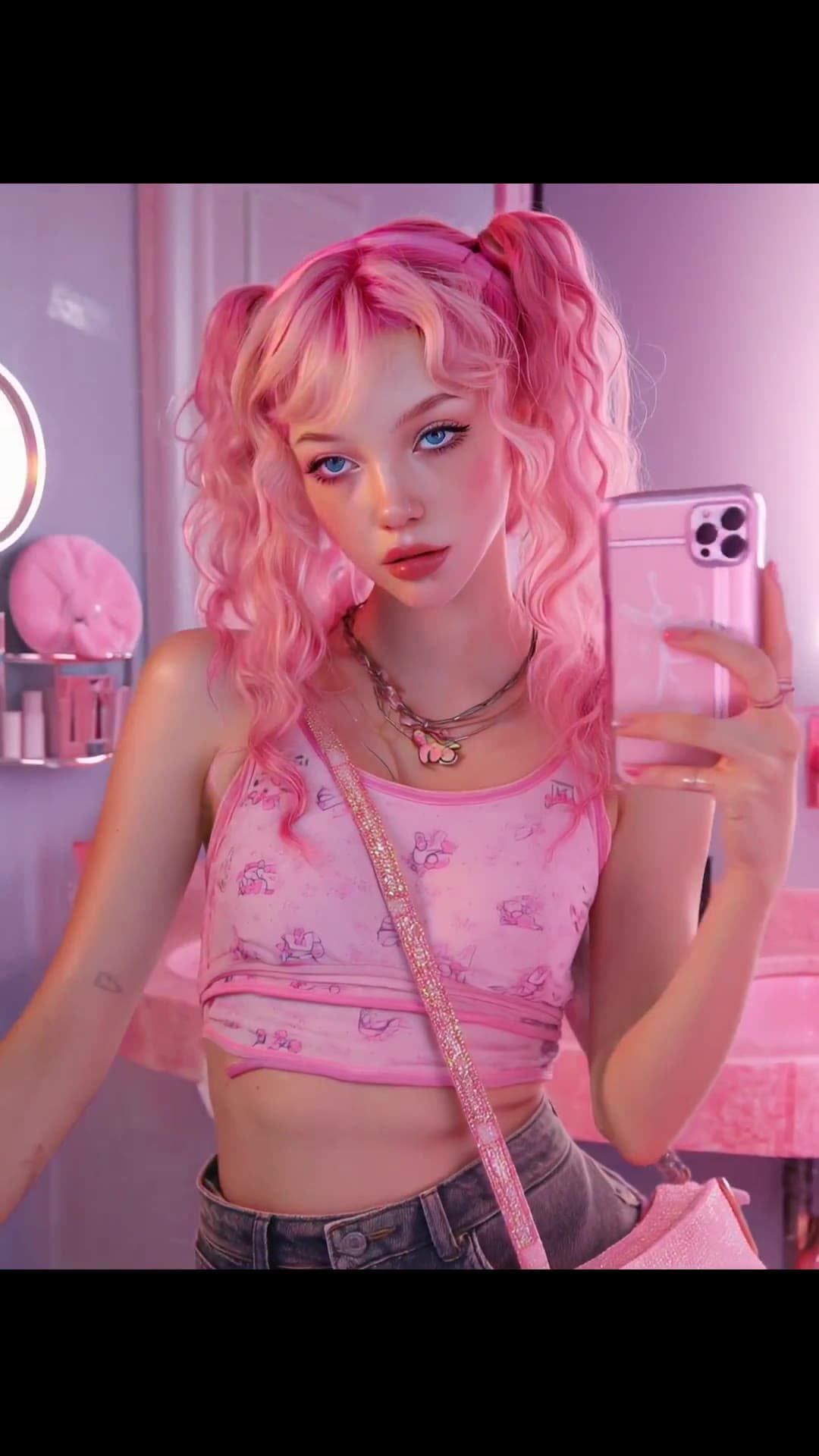 Pink pigtails selfie in sheer crop top