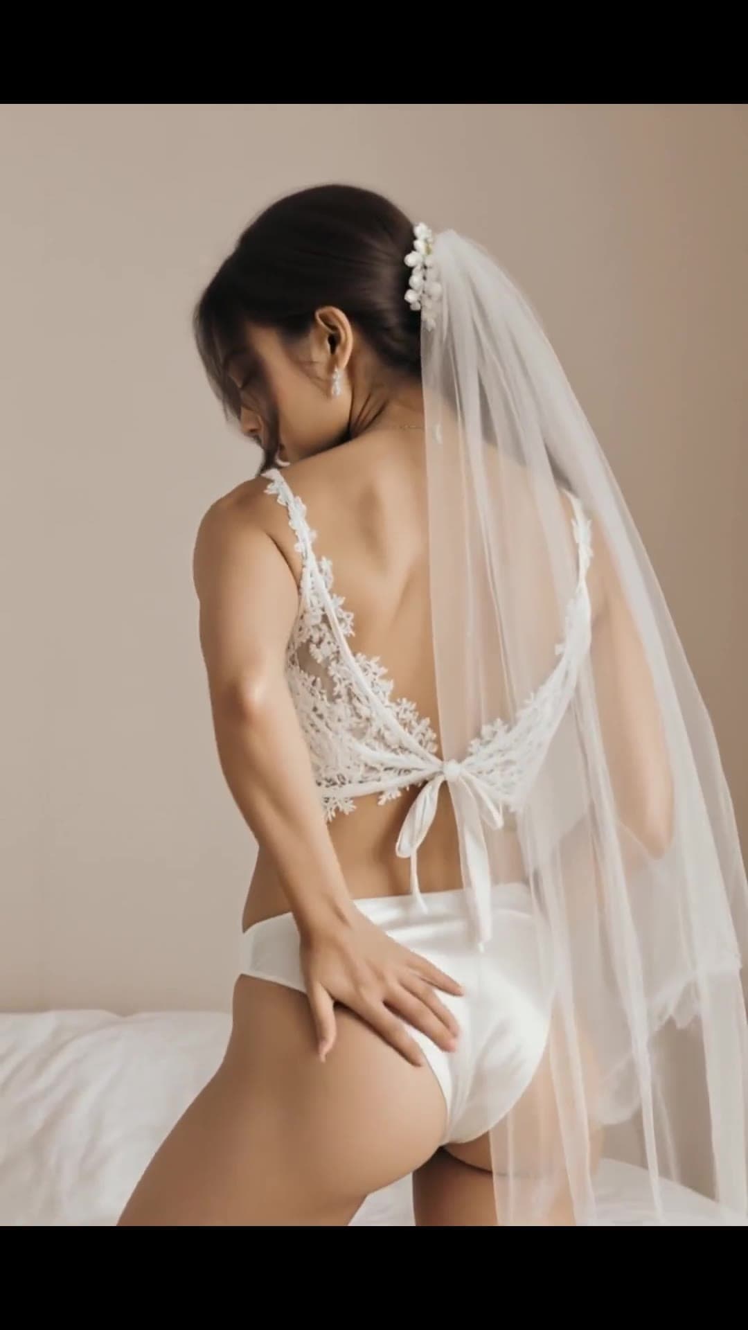 Asian brunette in white lace panties bedroom mirror shot
