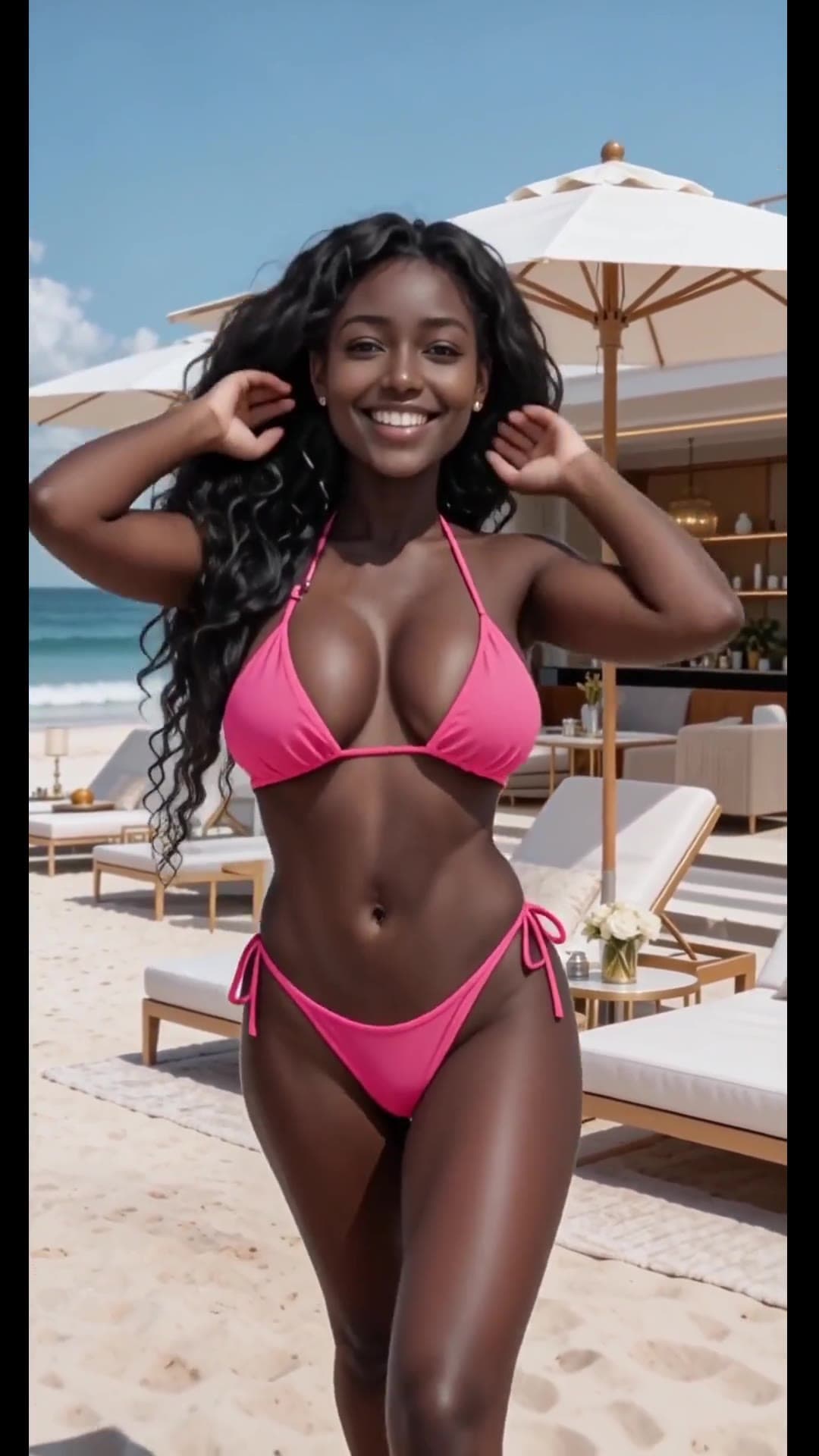 Asian in pink bikini posing on sunny beach