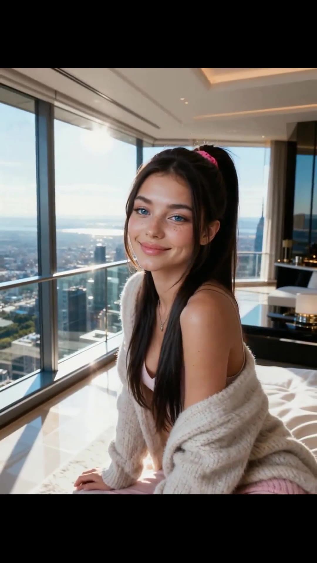 Young adult brunette smiling over shoulder in bedroom