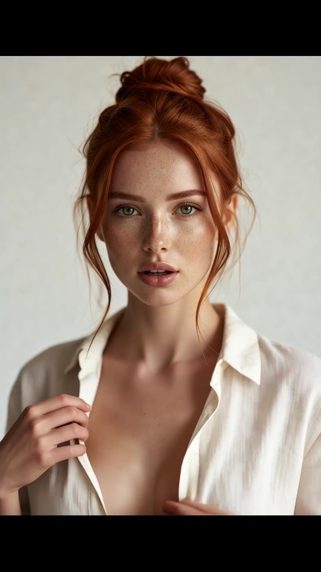 College redhead in open shirt, deep cleavage close-up