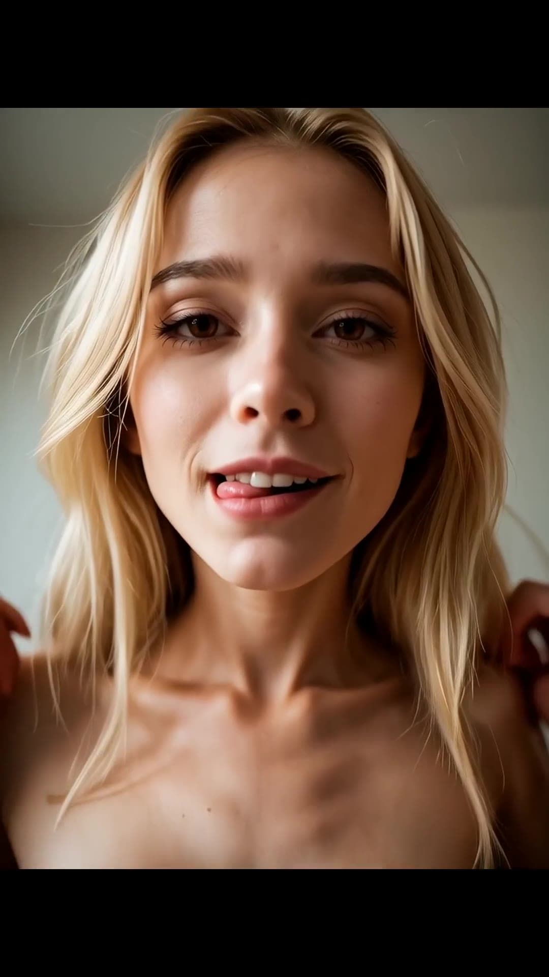 Close-up topless selfie tongue out POV
