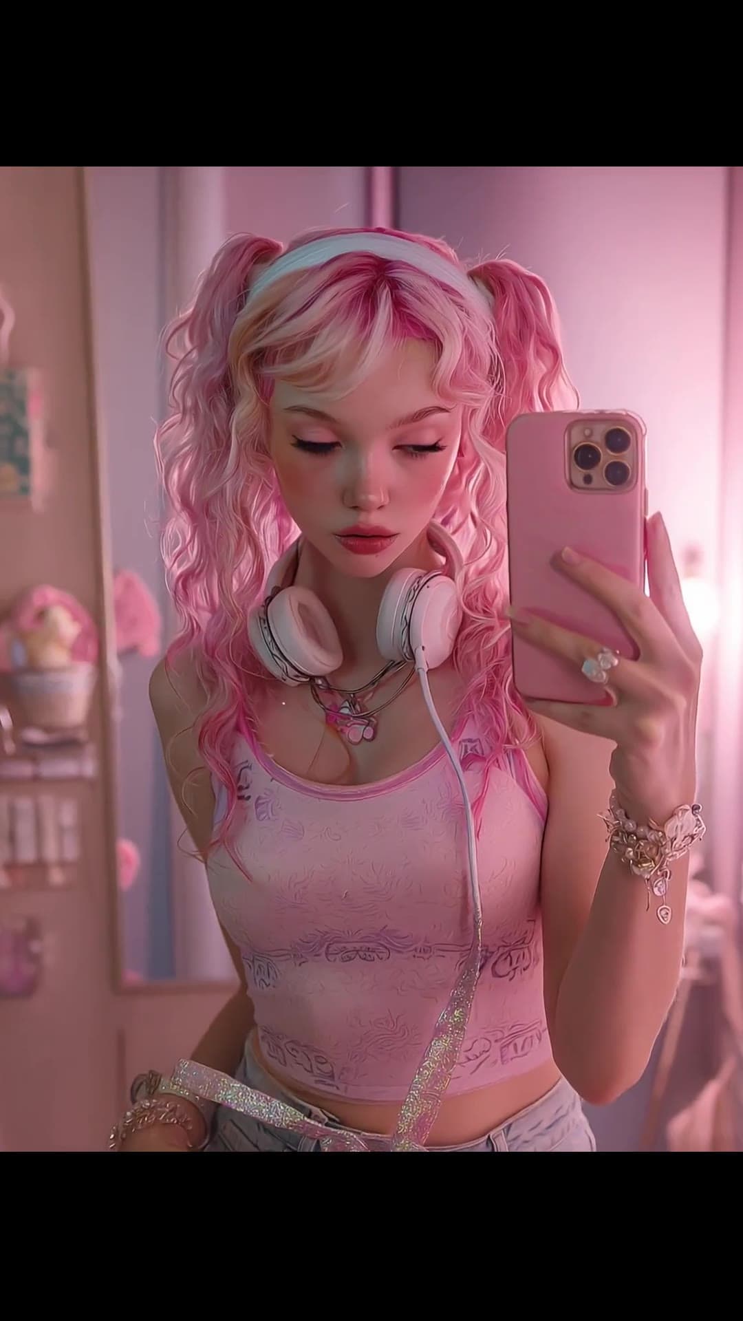 Pink pigtails selfie in cropped tank top