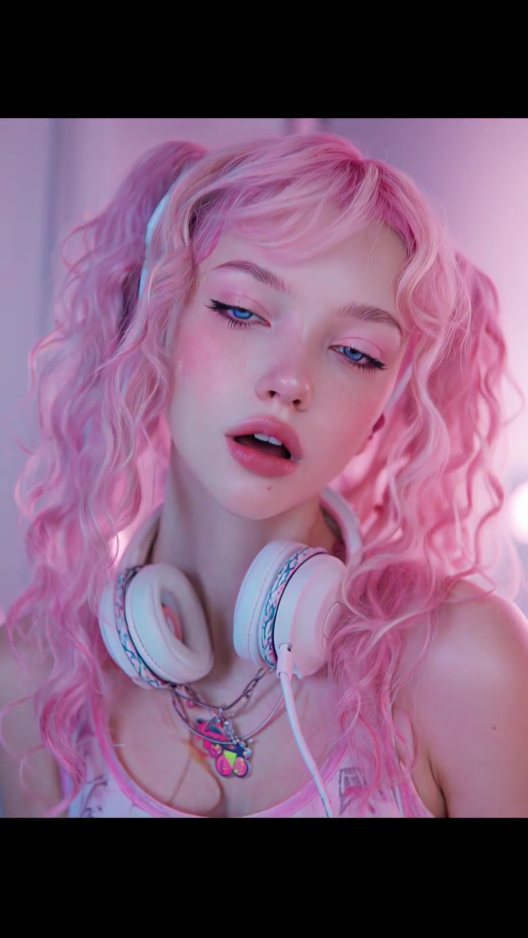 Close up pink pigtails cleavage neon portrait