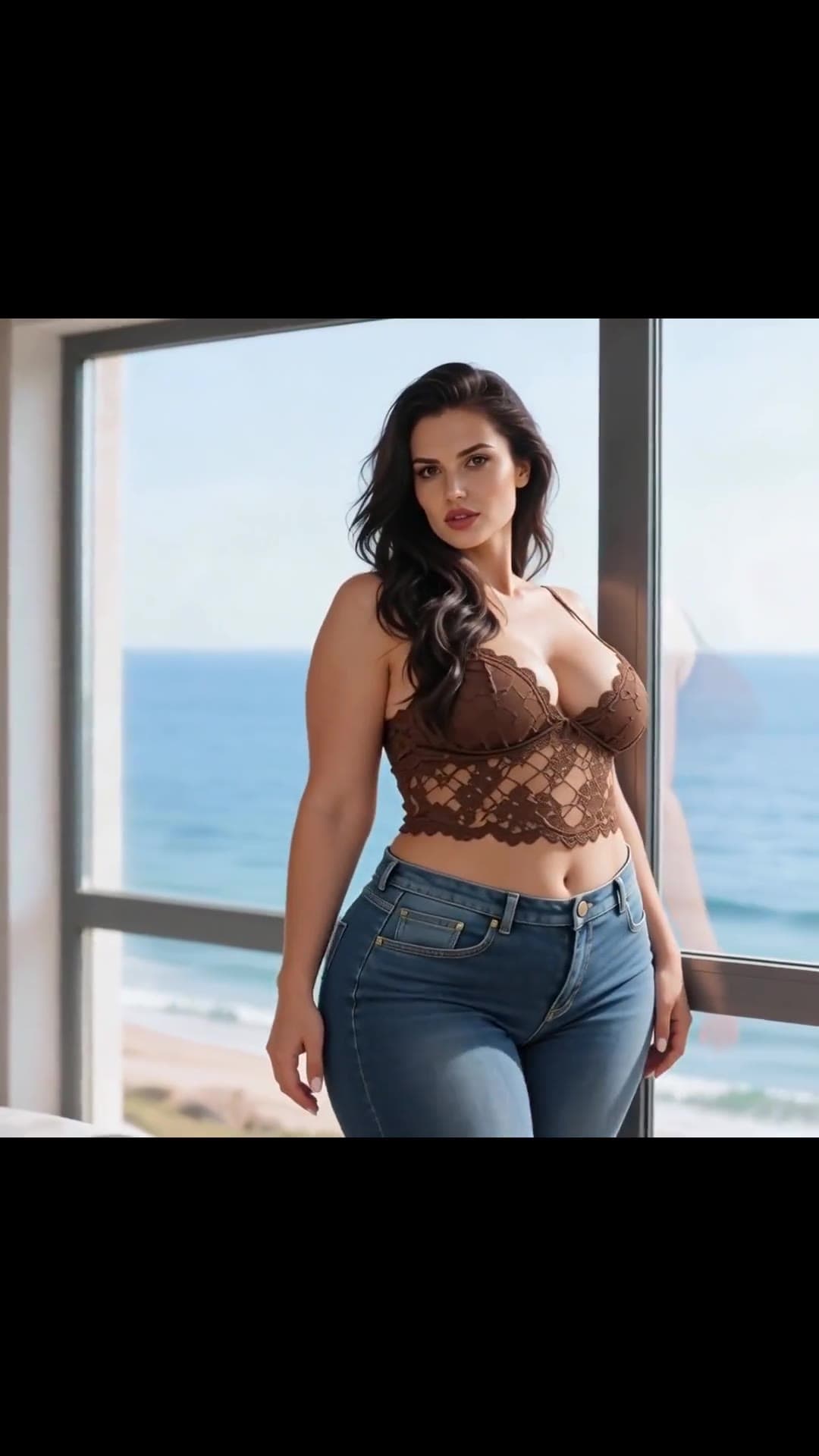 Long wavy dark hair blue eyed latina in sheer lace