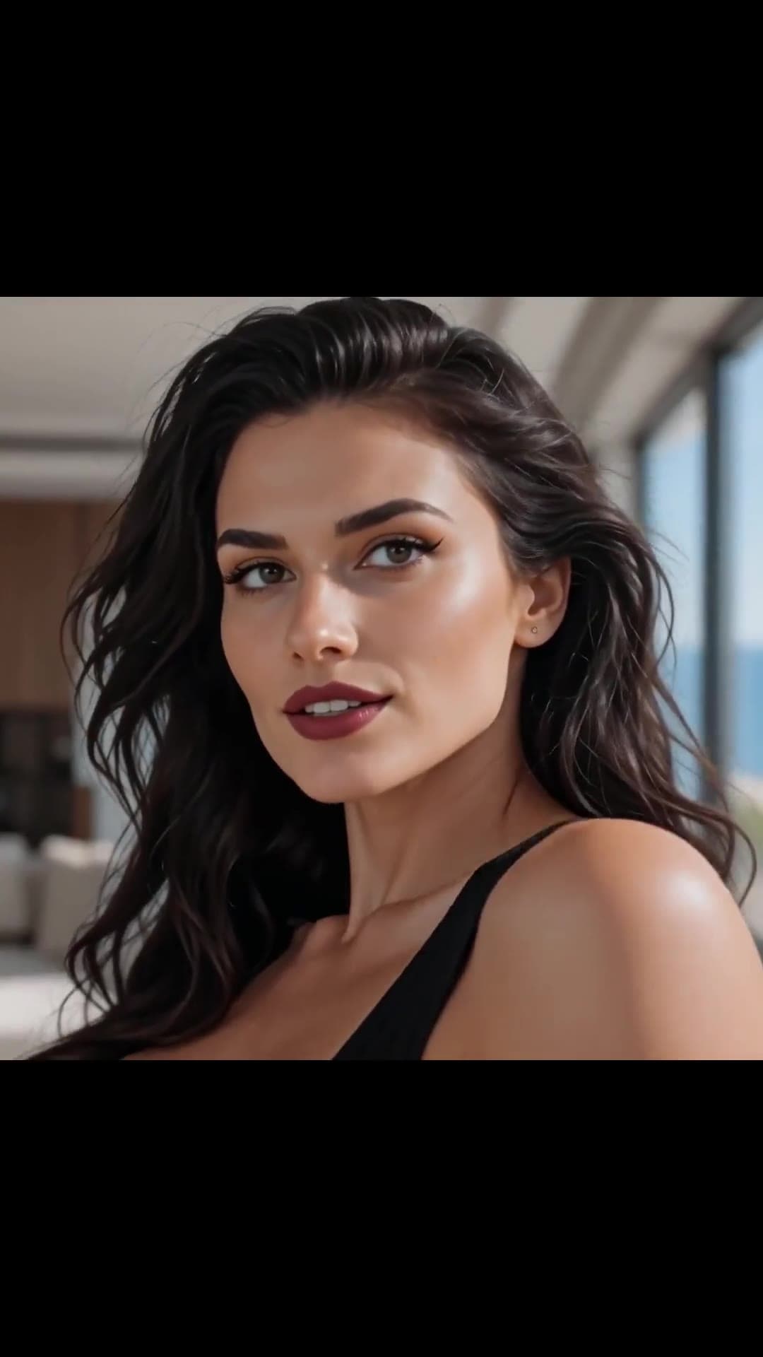 Close-up portrait, low cut black top, ocean view