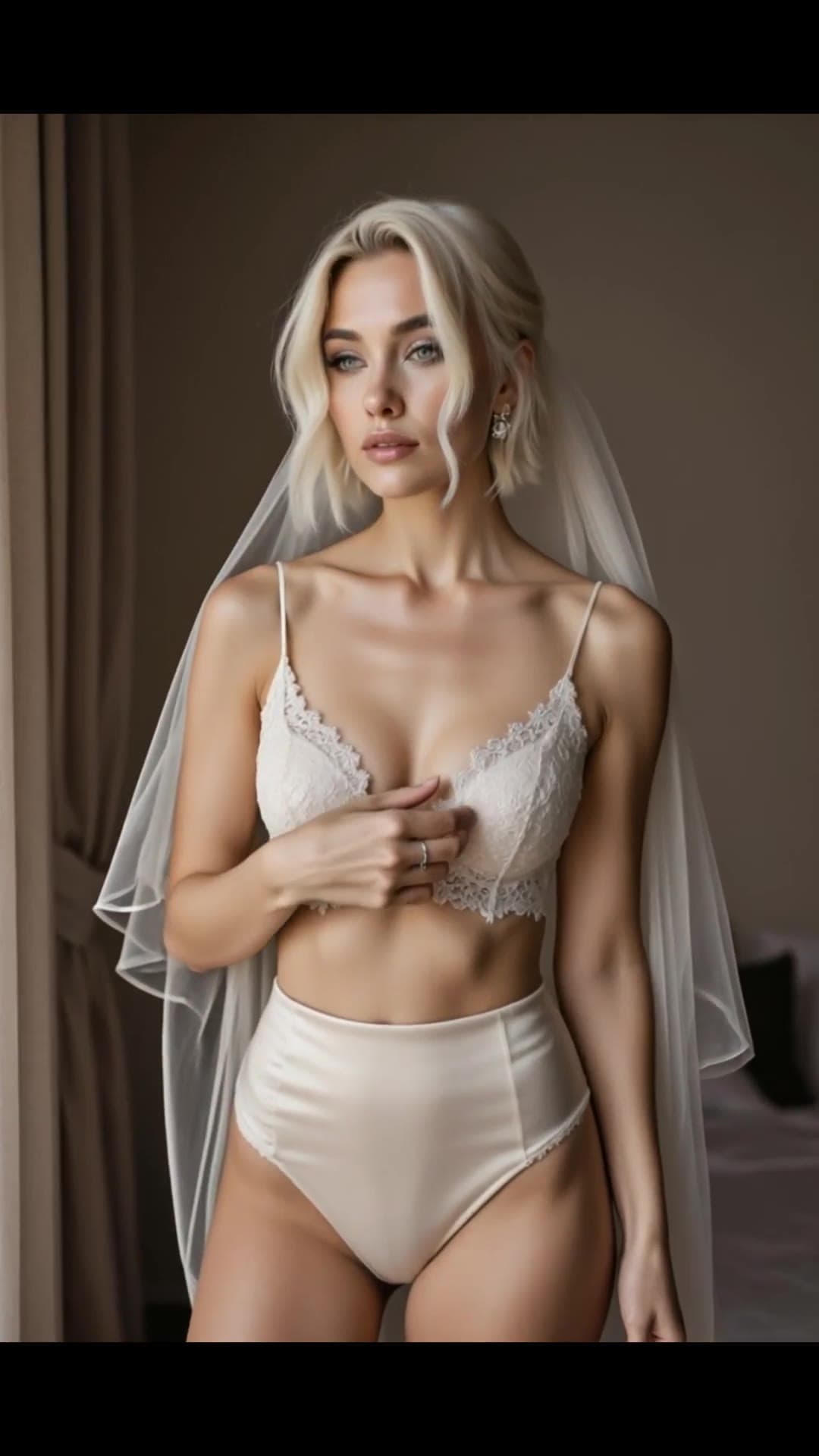 Blonde bride lingerie topless bedroom pose