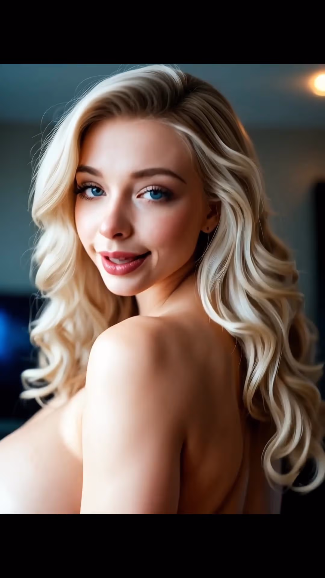 Blue eyed blonde topless close-up looking back