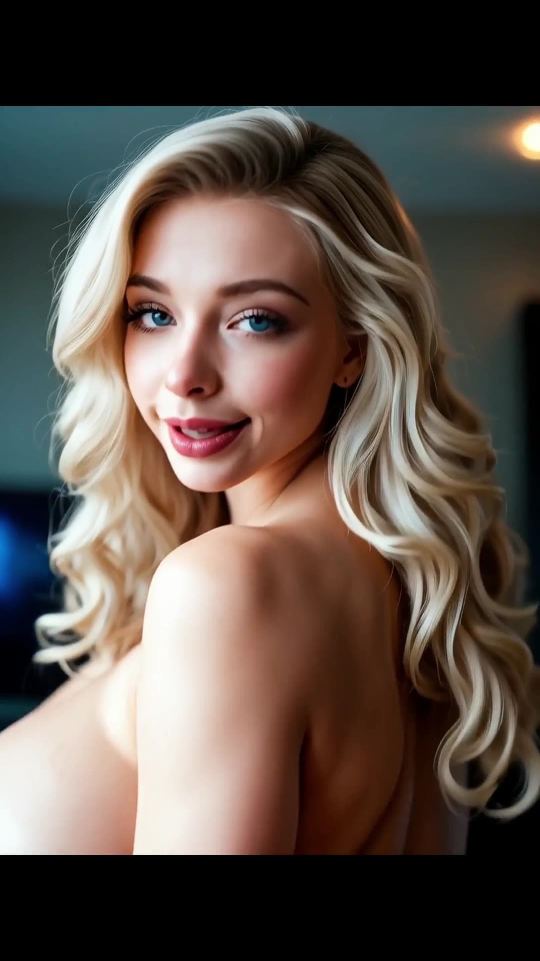 Blue eyed blonde topless close-up looking back