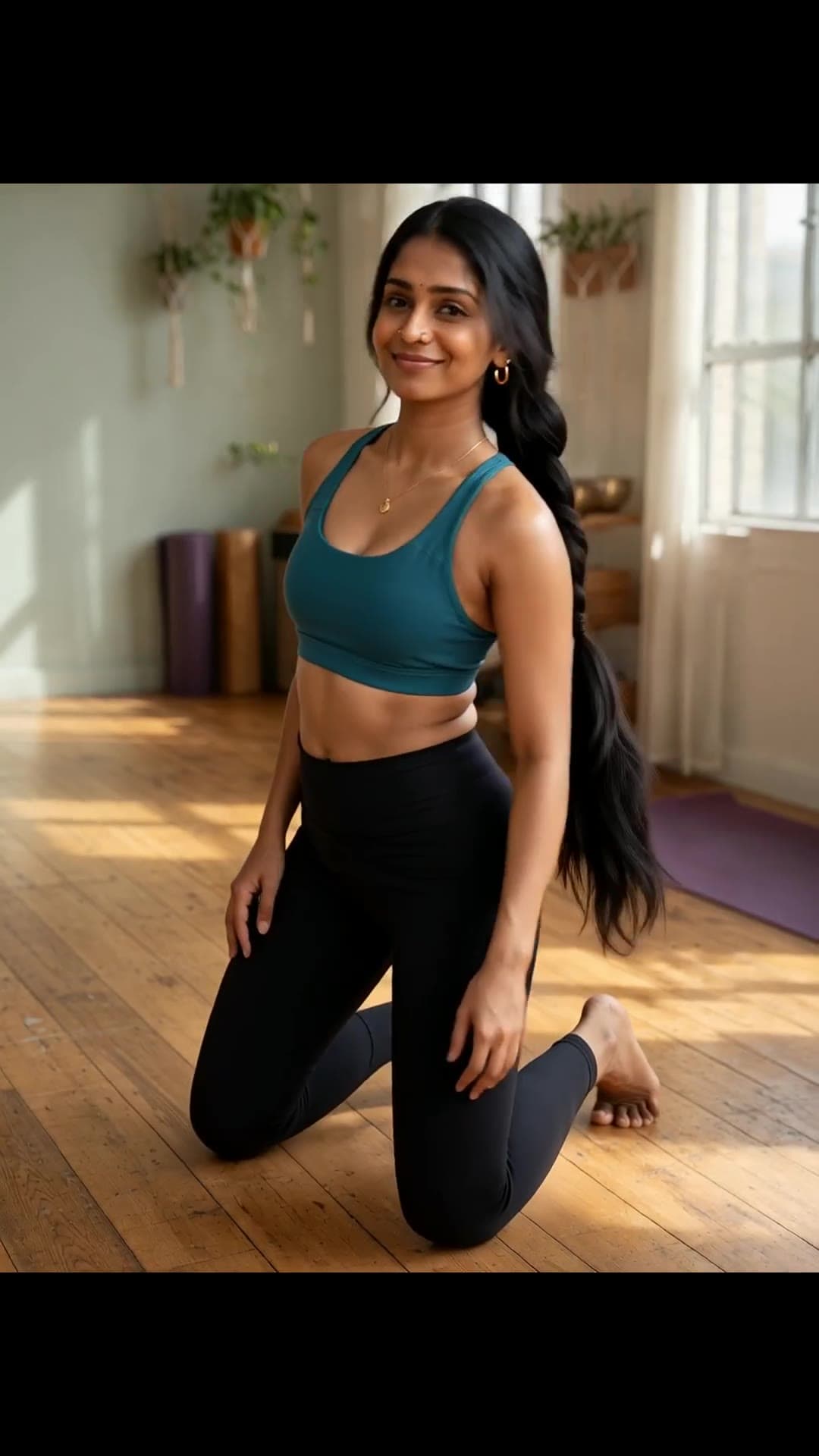 Athletic redhead in yoga pose looking back over shoulder