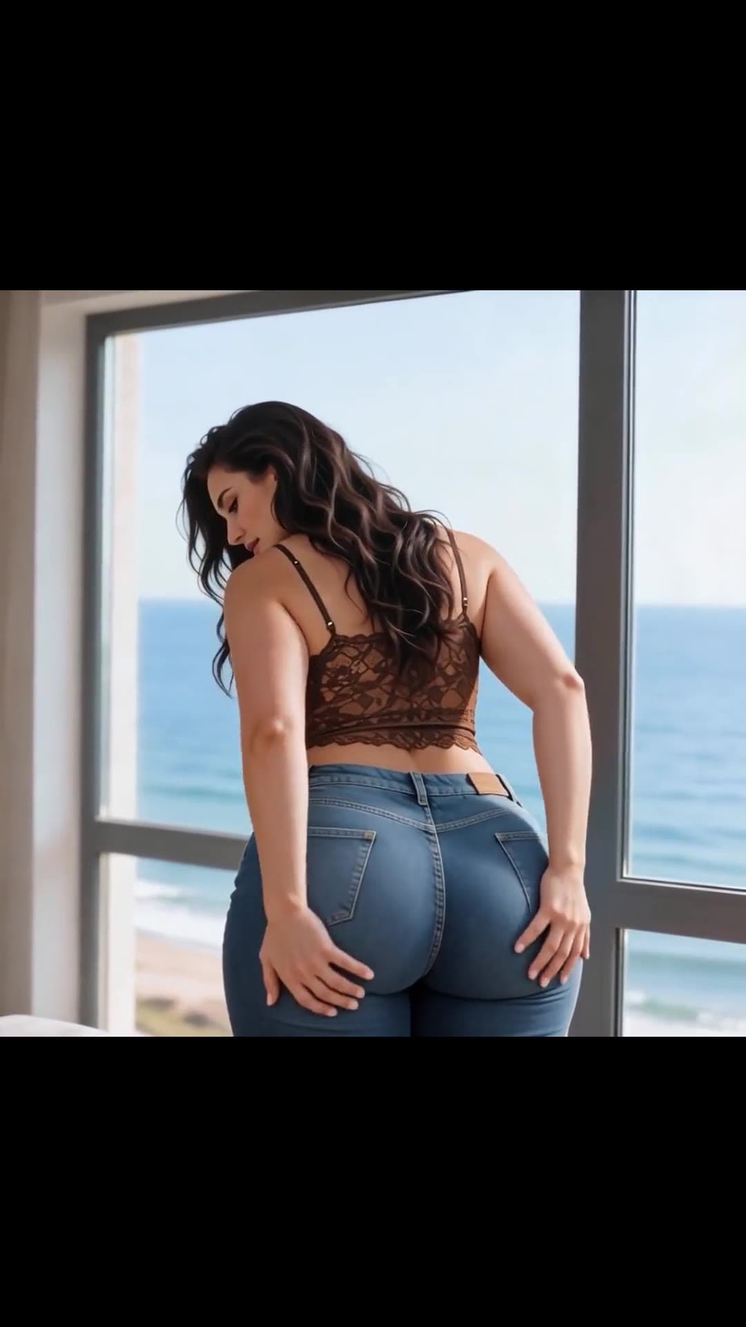 Curvy latina big ass in sheer bralette by window
