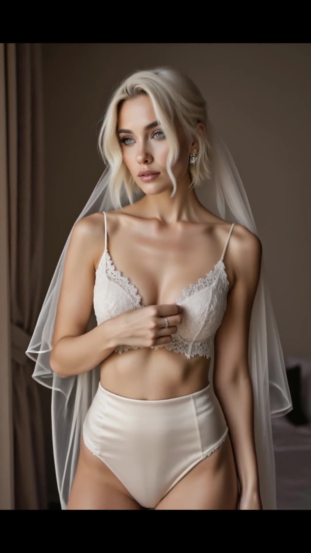 Young adult Latina teasing sheer veil in bedroom