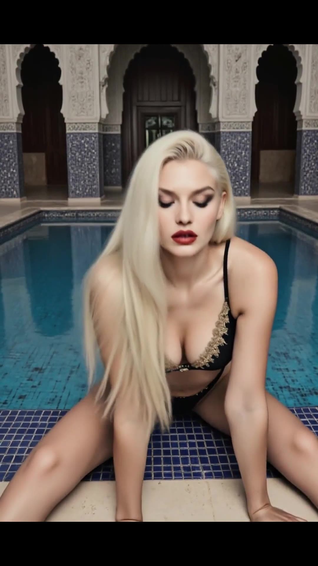 Young adult curvy blonde in micro bikini poolside