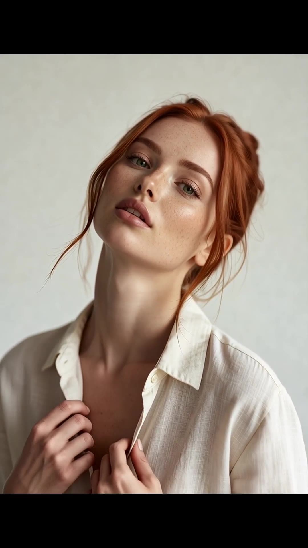 Brunette trainer unbuttoning linen shirt close up