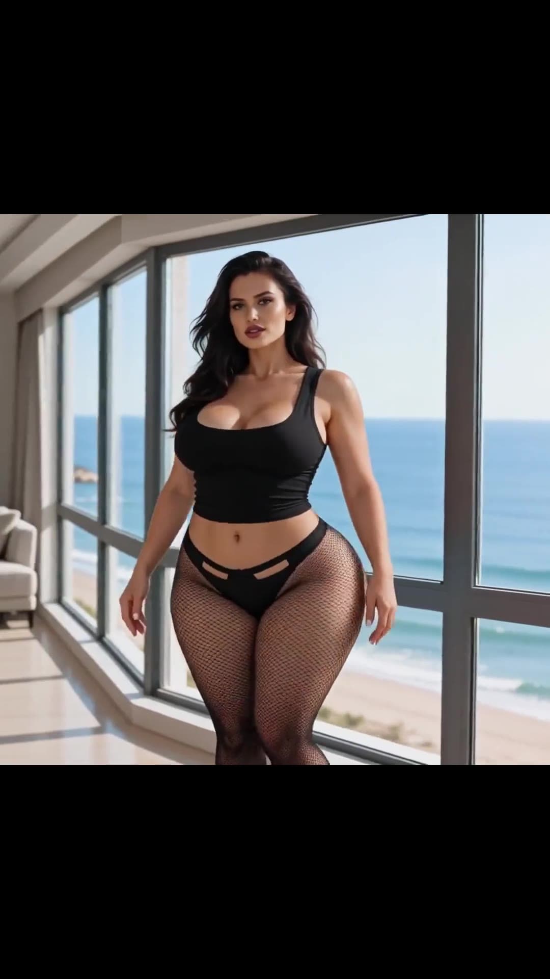 Young latina curvy in fishnets by ocean windows