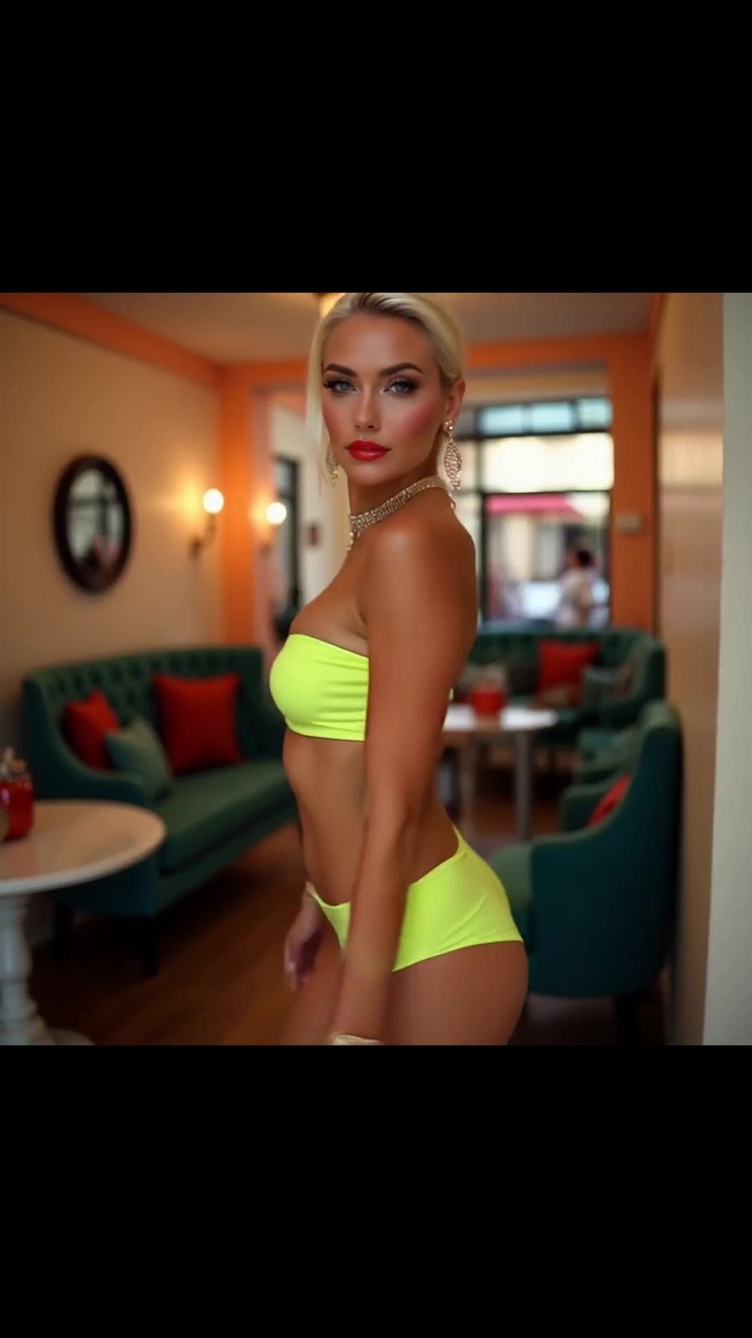 Long straight blonde blue eyed babe in neon