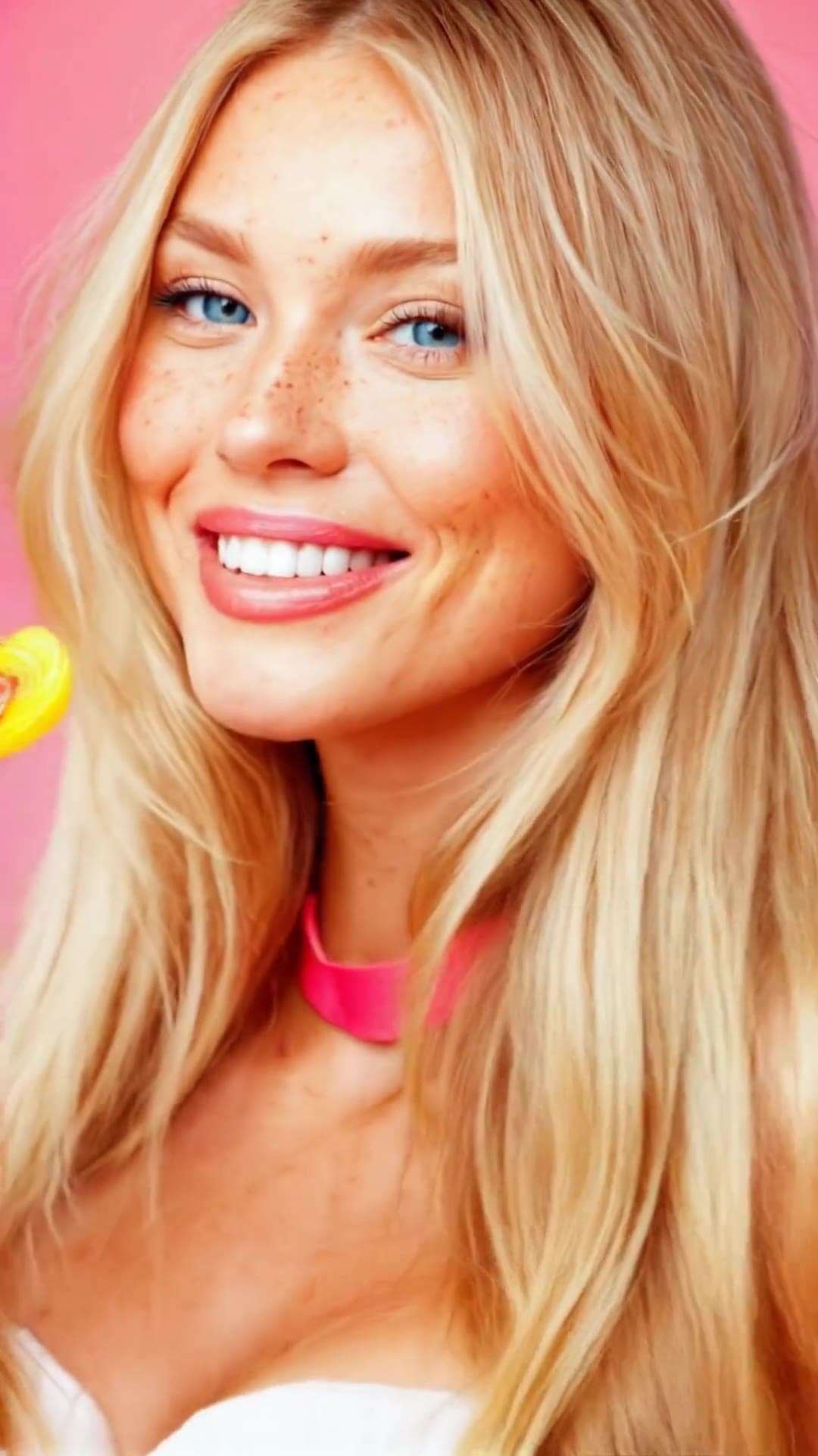 Lollipop tease close-up with pink choker